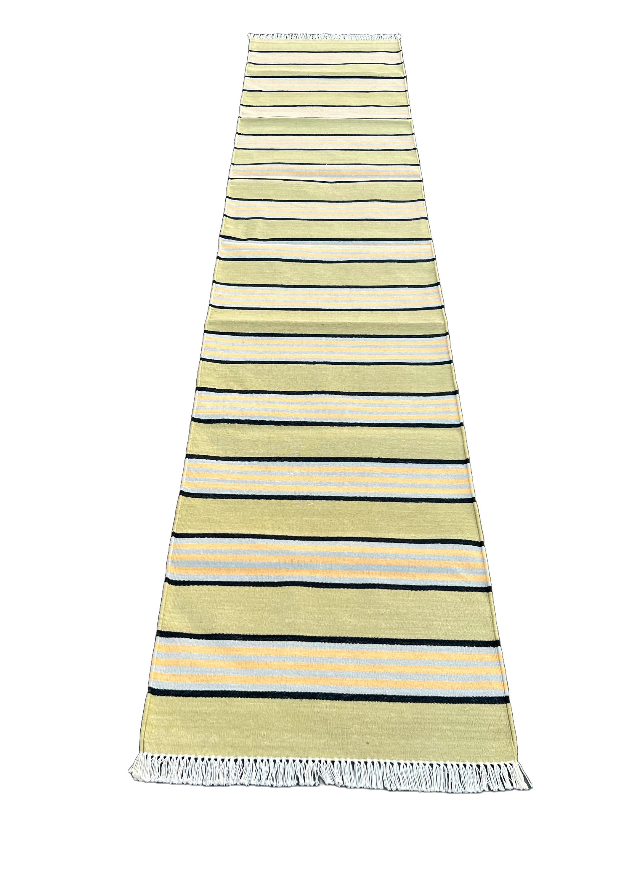 Handmade Cotton Area Flat Weave Runner, 2x10 Green, Black Striped Indian Dhurrie For Sale 1