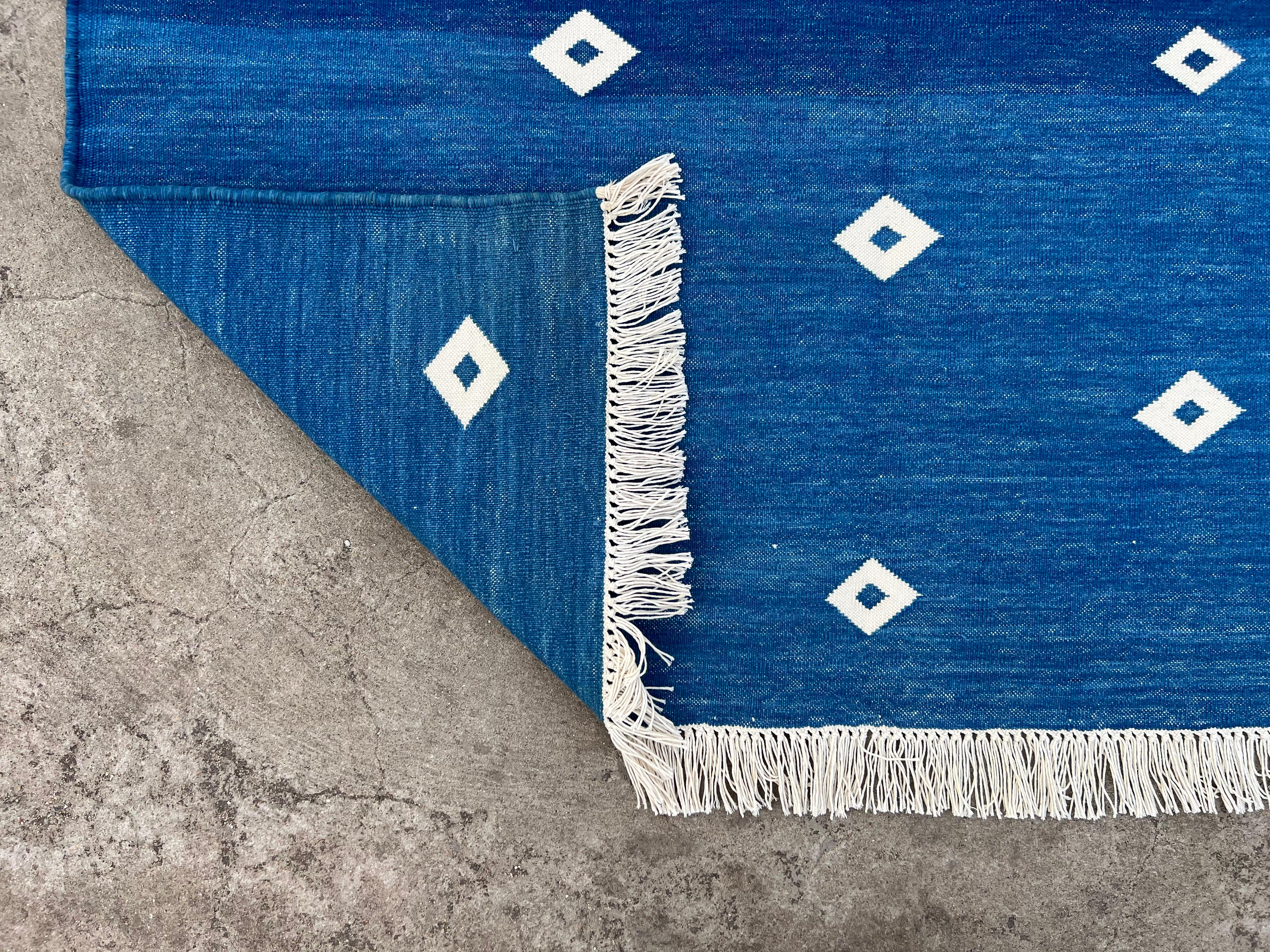 Handmade Cotton Area Flat Weave Runner, 2x14 Blue, White Diamond Indian Dhurrie For Sale 4