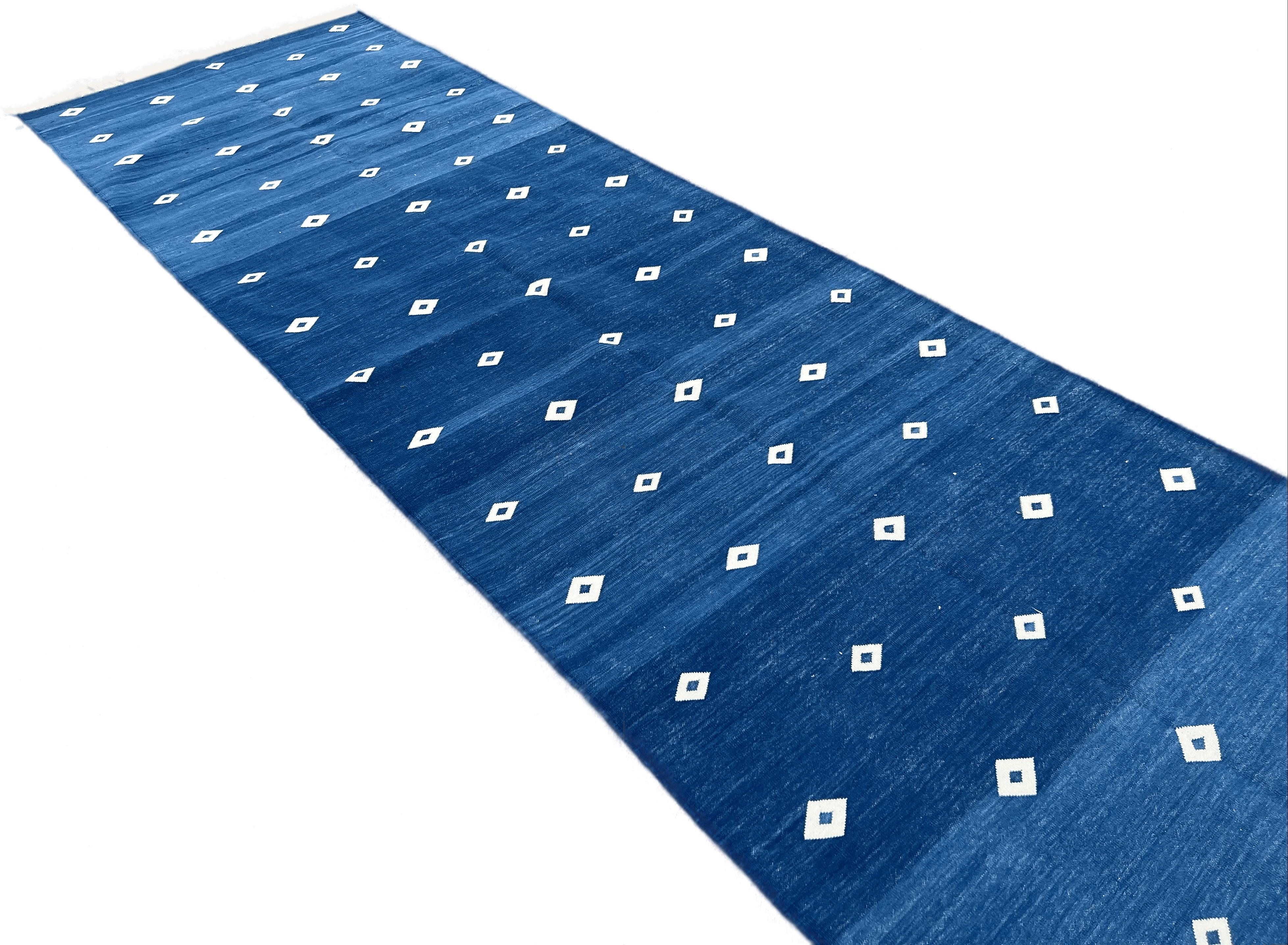 Handmade Cotton Area Flat Weave Runner, 2x14 Blue, White Diamond Indian Dhurrie In New Condition For Sale In Jaipur, IN