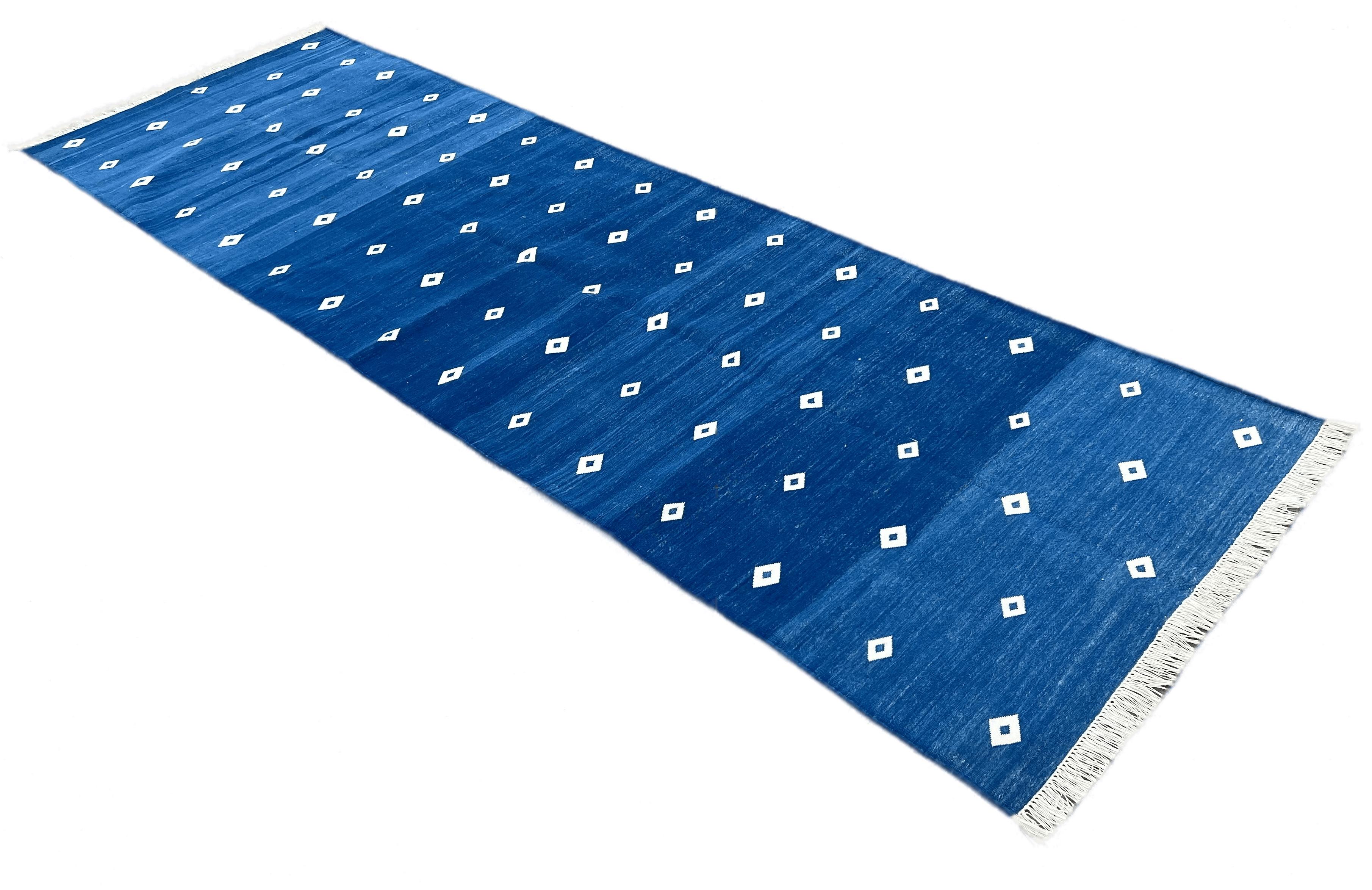 Handmade Cotton Area Flat Weave Runner, 2x14 Blue, White Diamond Indian Dhurrie For Sale 1