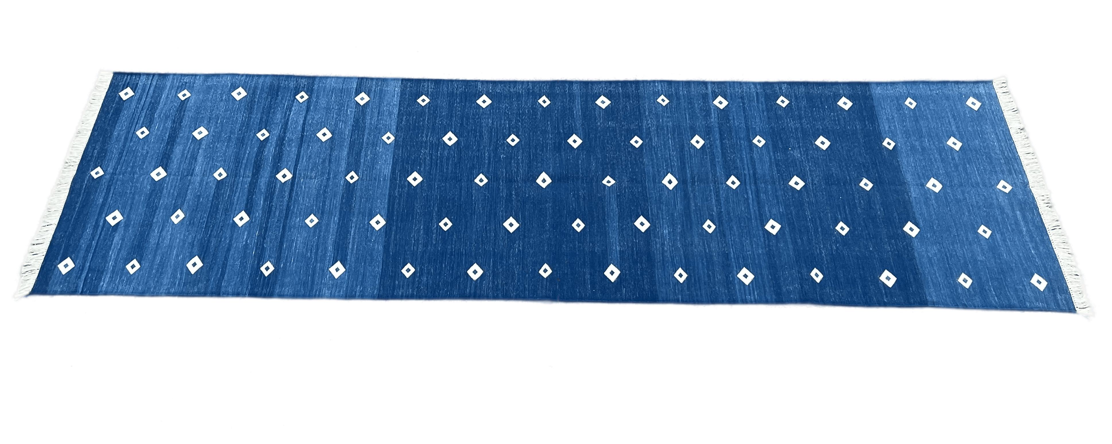 Handmade Cotton Area Flat Weave Runner, 2x14 Blue, White Diamond Indian Dhurrie For Sale 2