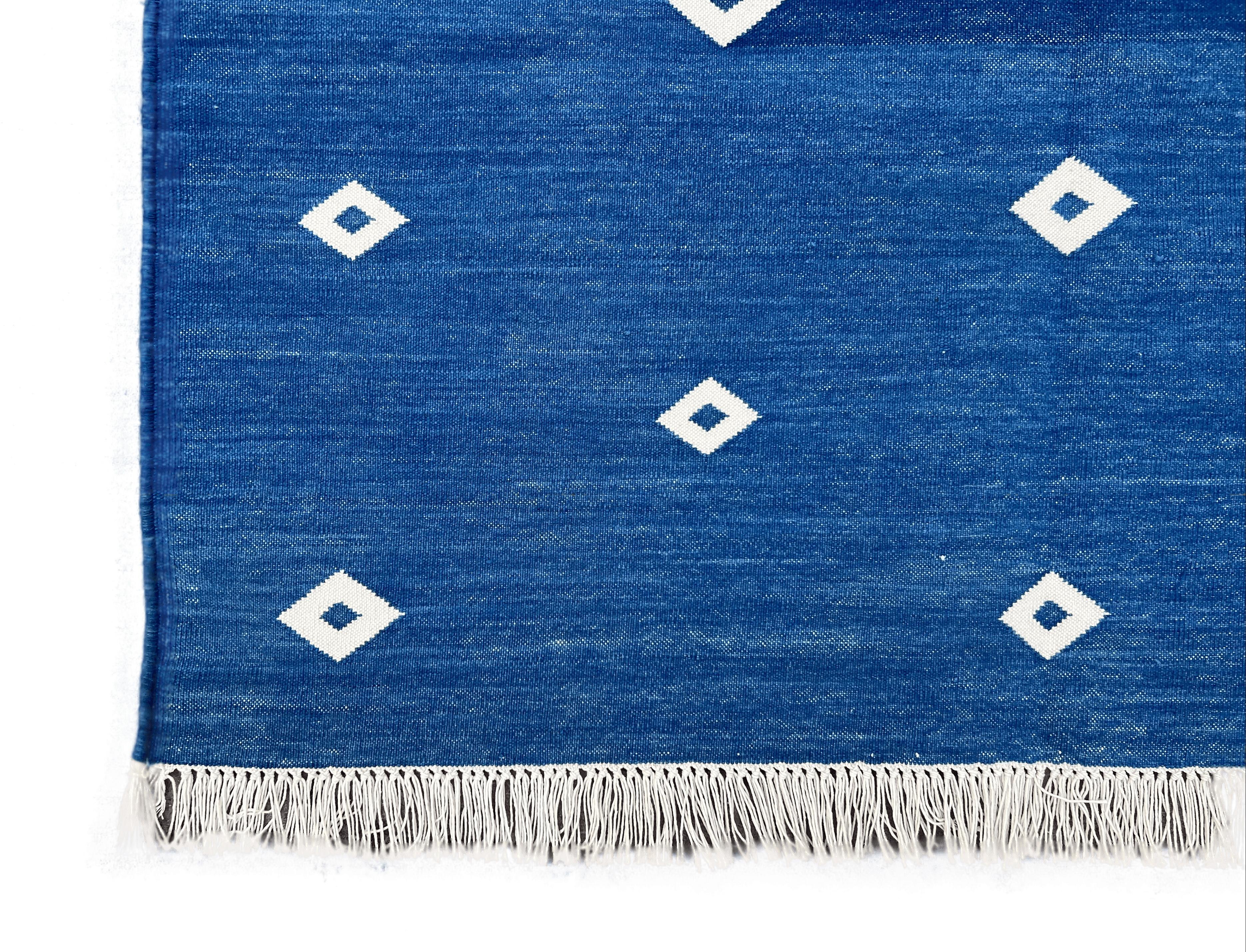 Handmade Cotton Area Flat Weave Runner, 2x14 Blue, White Diamond Indian Dhurrie For Sale 3