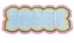 Handmade Cotton Area Flat Weave Runner, 2x5 Blue, Pink Scalloped Indian Dhurrie