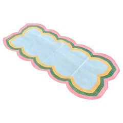 Chemin de table en coton fait à la main, 2x5 Bleu, rose festonné Indian Dhurrie