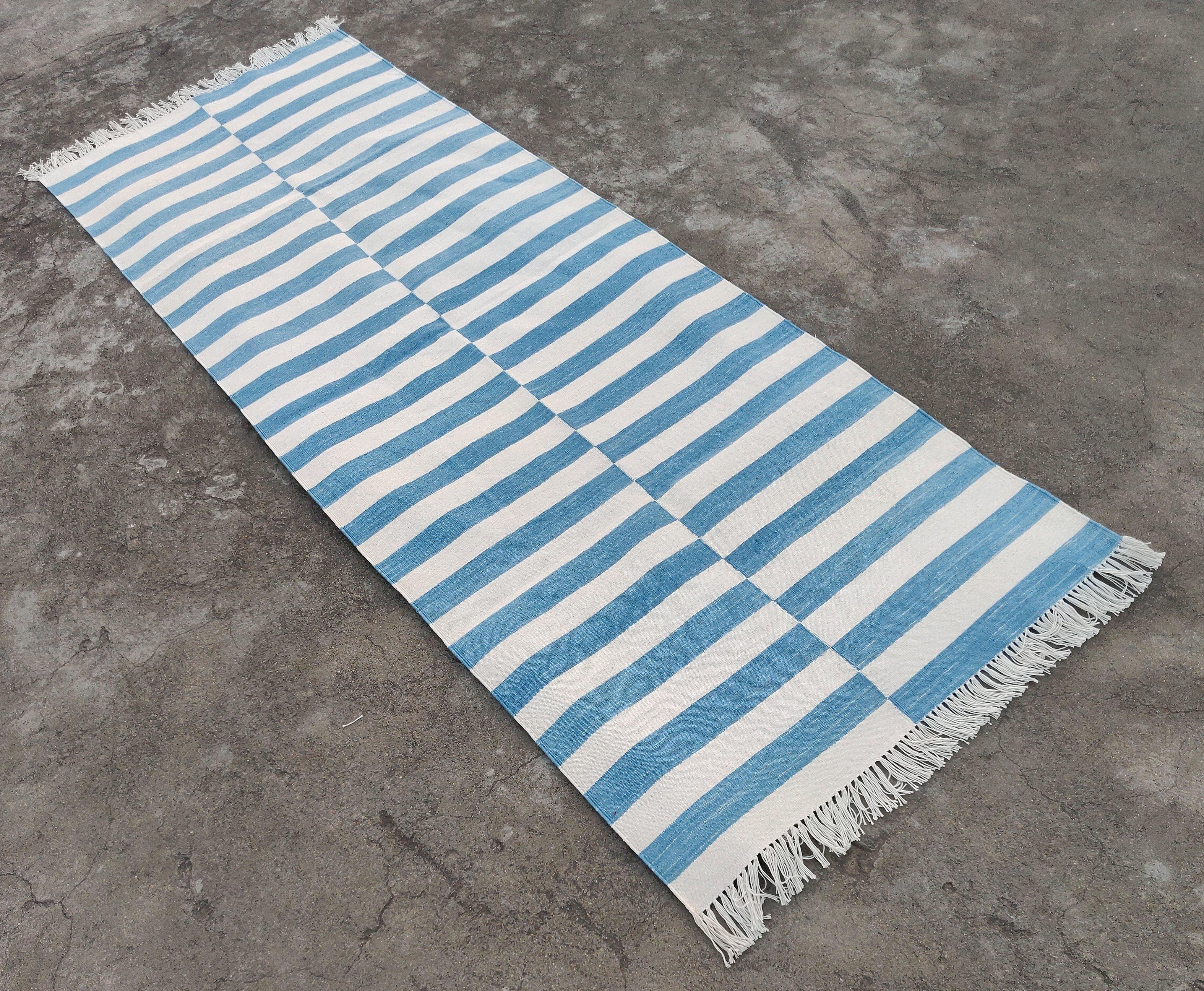 Cotton Natural Vegetable Dyed, Blue And White Striped Indian Dhurrie Runner-2'x6' (60x180cm)
These special flat-weave dhurries are hand-woven with 15 ply 100% cotton yarn. Due to the special manufacturing techniques used to create our rugs, the size
