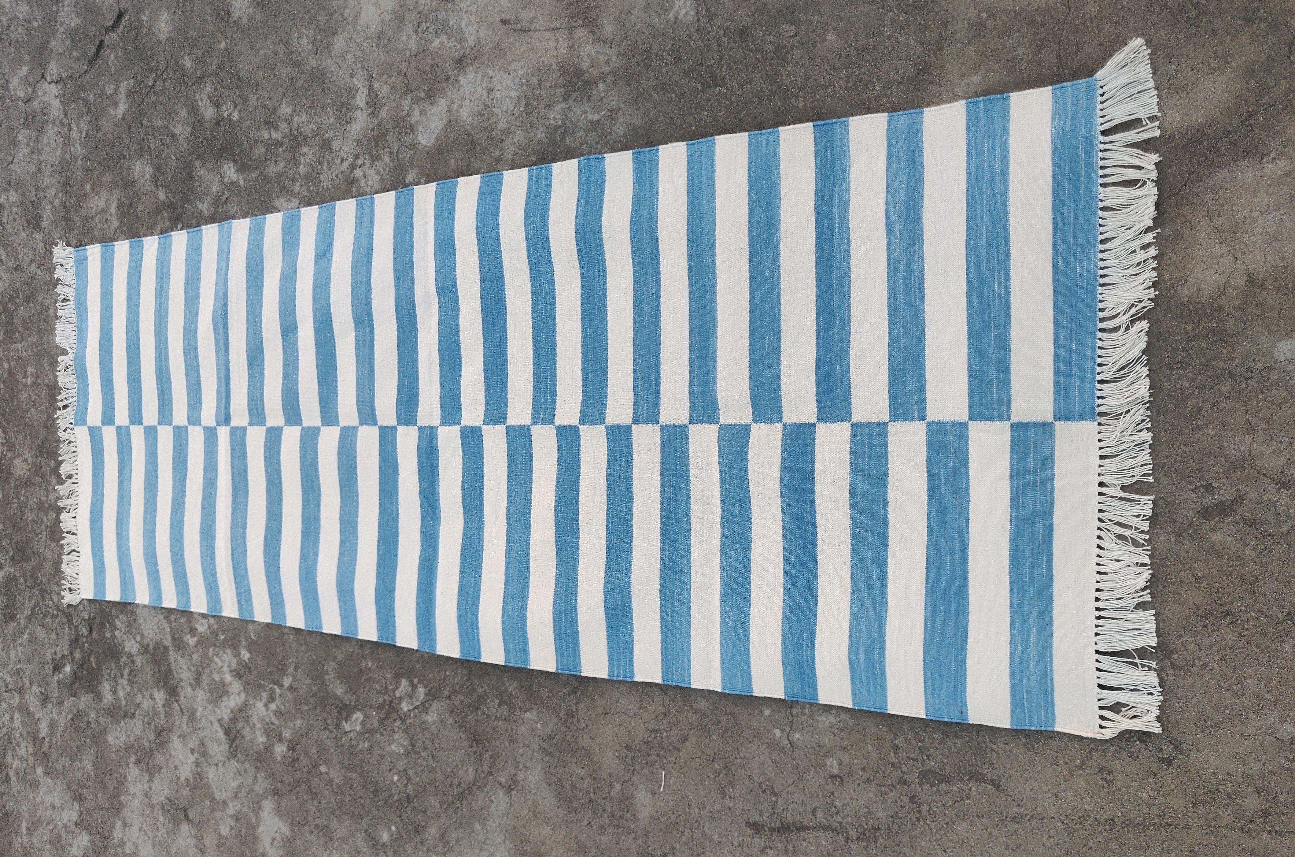 Hand-Woven Handmade Cotton Area Flat Weave Runner, 2x6 Blue And White Stripe Indian Dhurrie For Sale