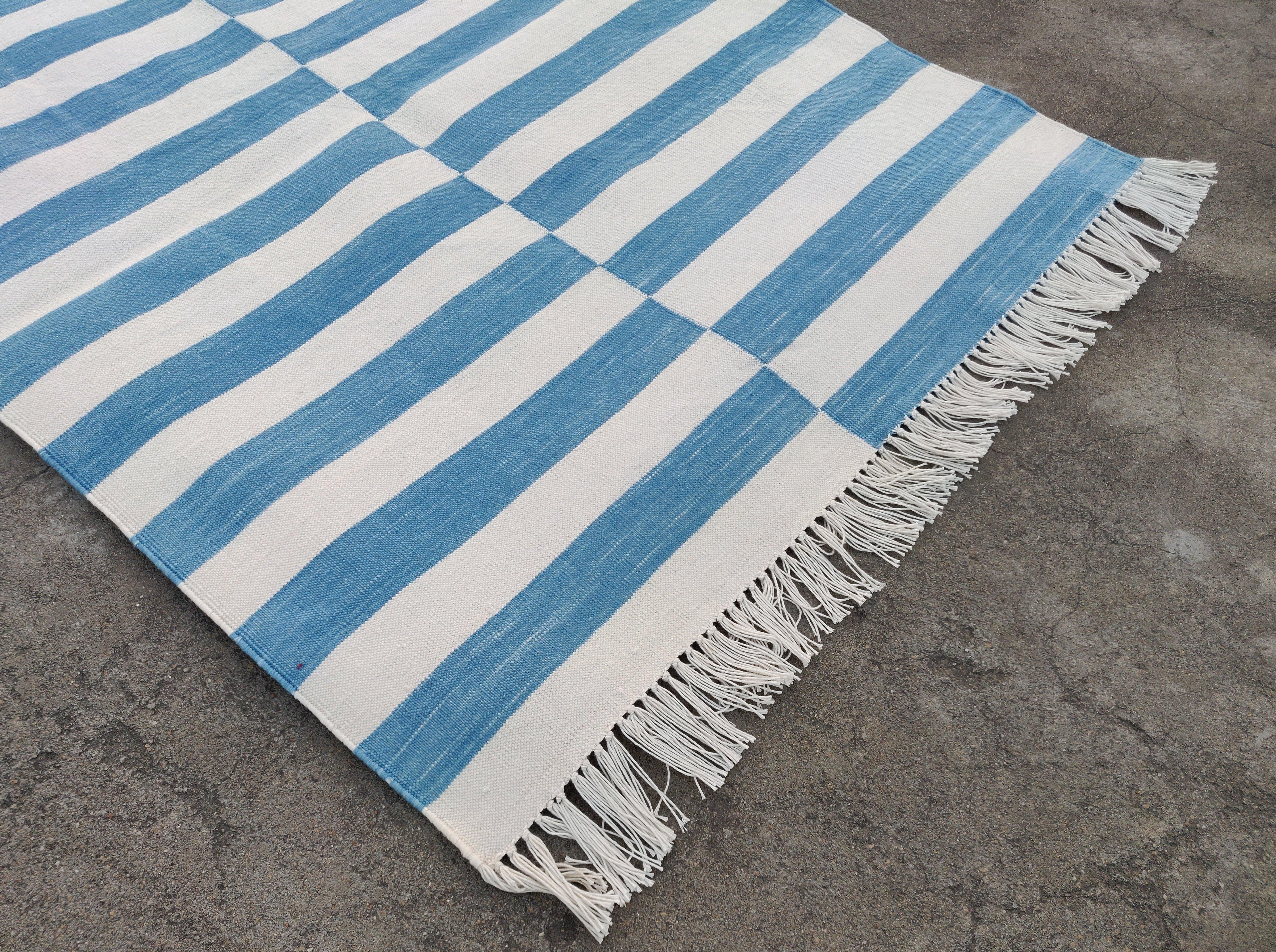 Contemporary Handmade Cotton Area Flat Weave Runner, 2x6 Blue And White Stripe Indian Dhurrie For Sale