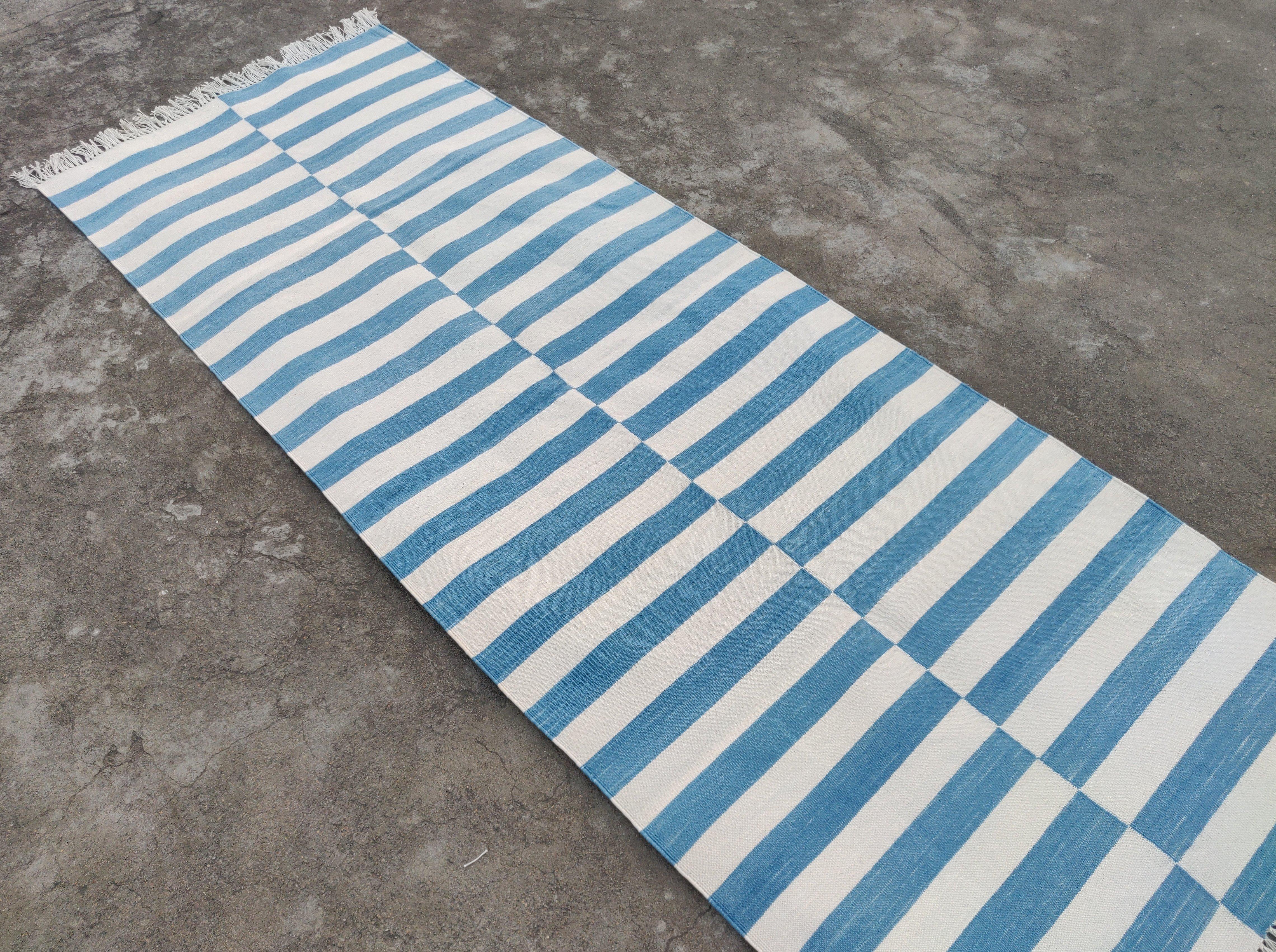 Handmade Cotton Area Flat Weave Runner, 2x6 Blue And White Stripe Indian Dhurrie For Sale 2