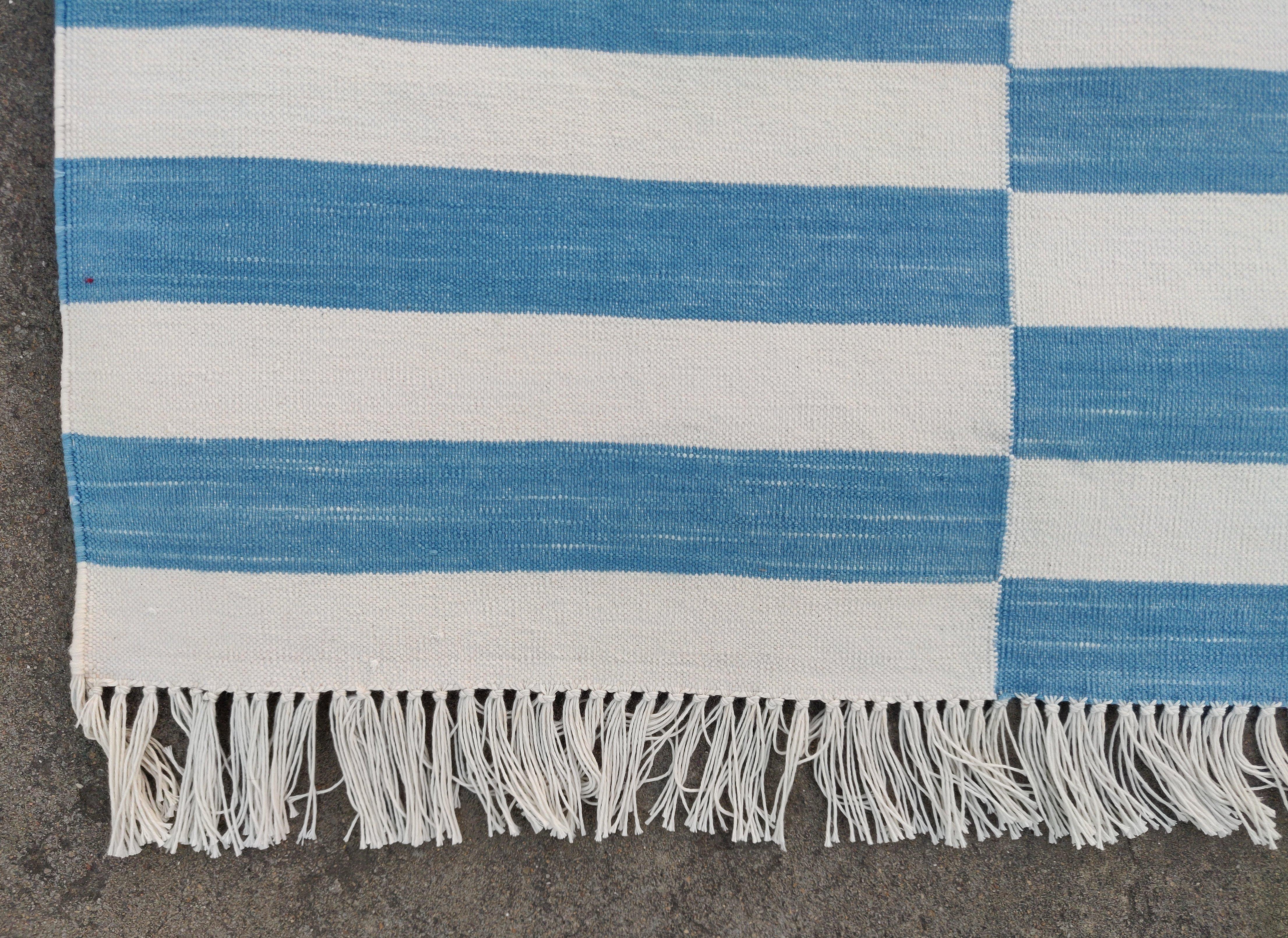 Handmade Cotton Area Flat Weave Runner, 2x6 Blue And White Stripe Indian Dhurrie For Sale 3