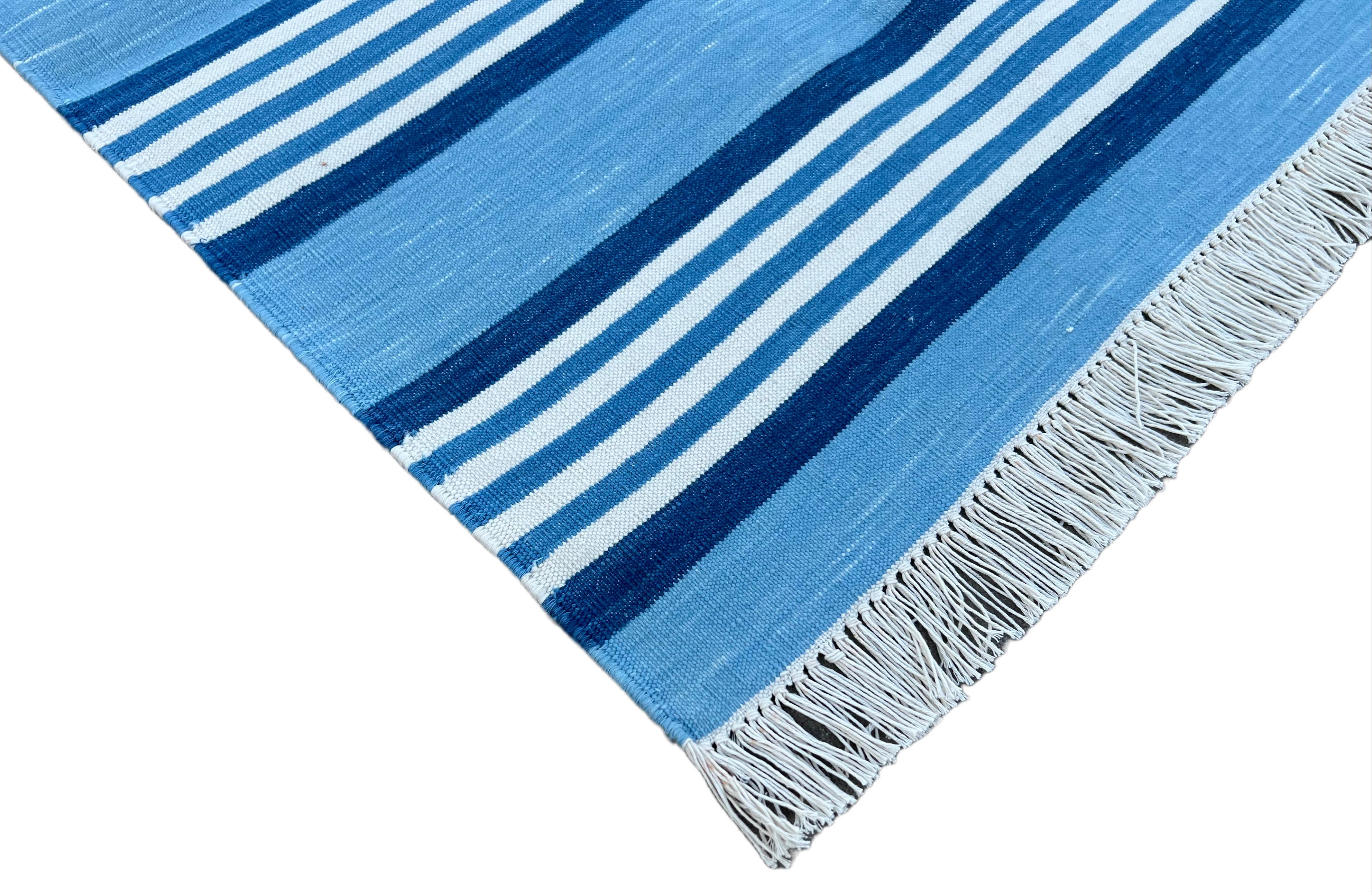 Cotton Natural Vegetable Dyed, Blue And White Striped Indian Dhurrie Runner-2'x6'
These special flat-weave dhurries are hand-woven with 15 ply 100% cotton yarn. Due to the special manufacturing techniques used to create our rugs, the size and color