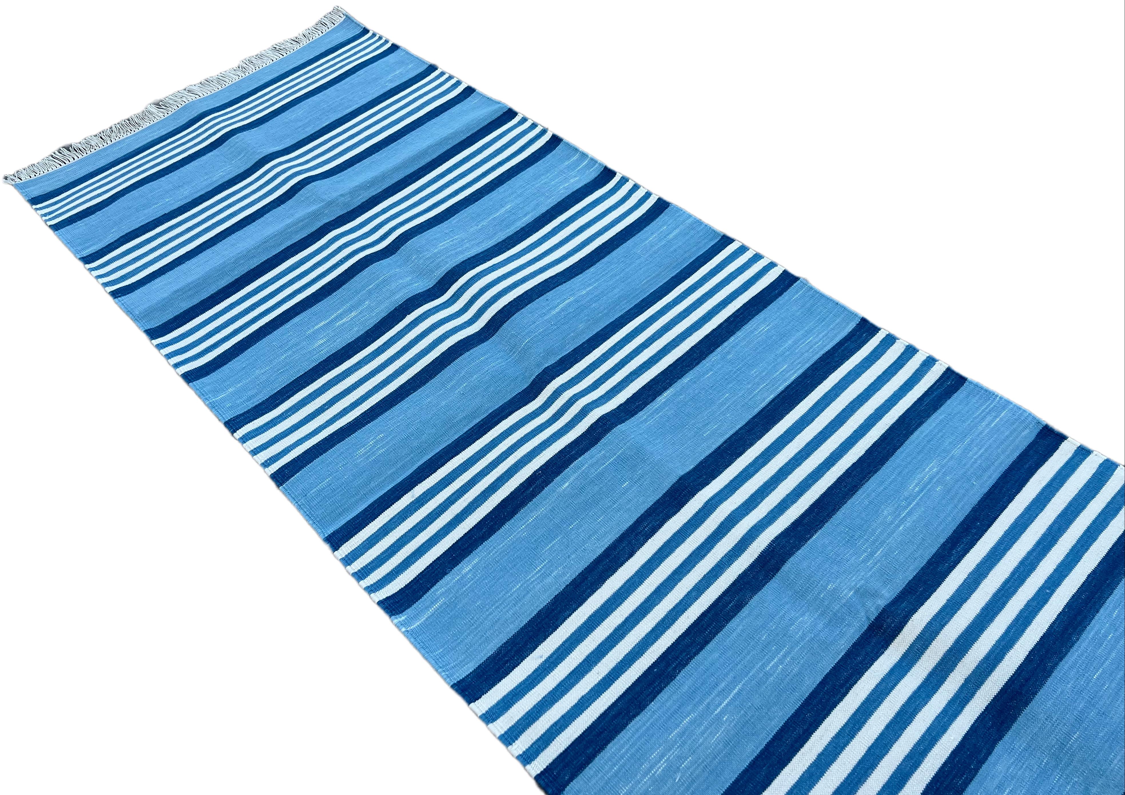 Hand-Woven Handmade Cotton Area Flat Weave Runner, 2x6 Green And Blue Stripe Indian Dhurrie For Sale