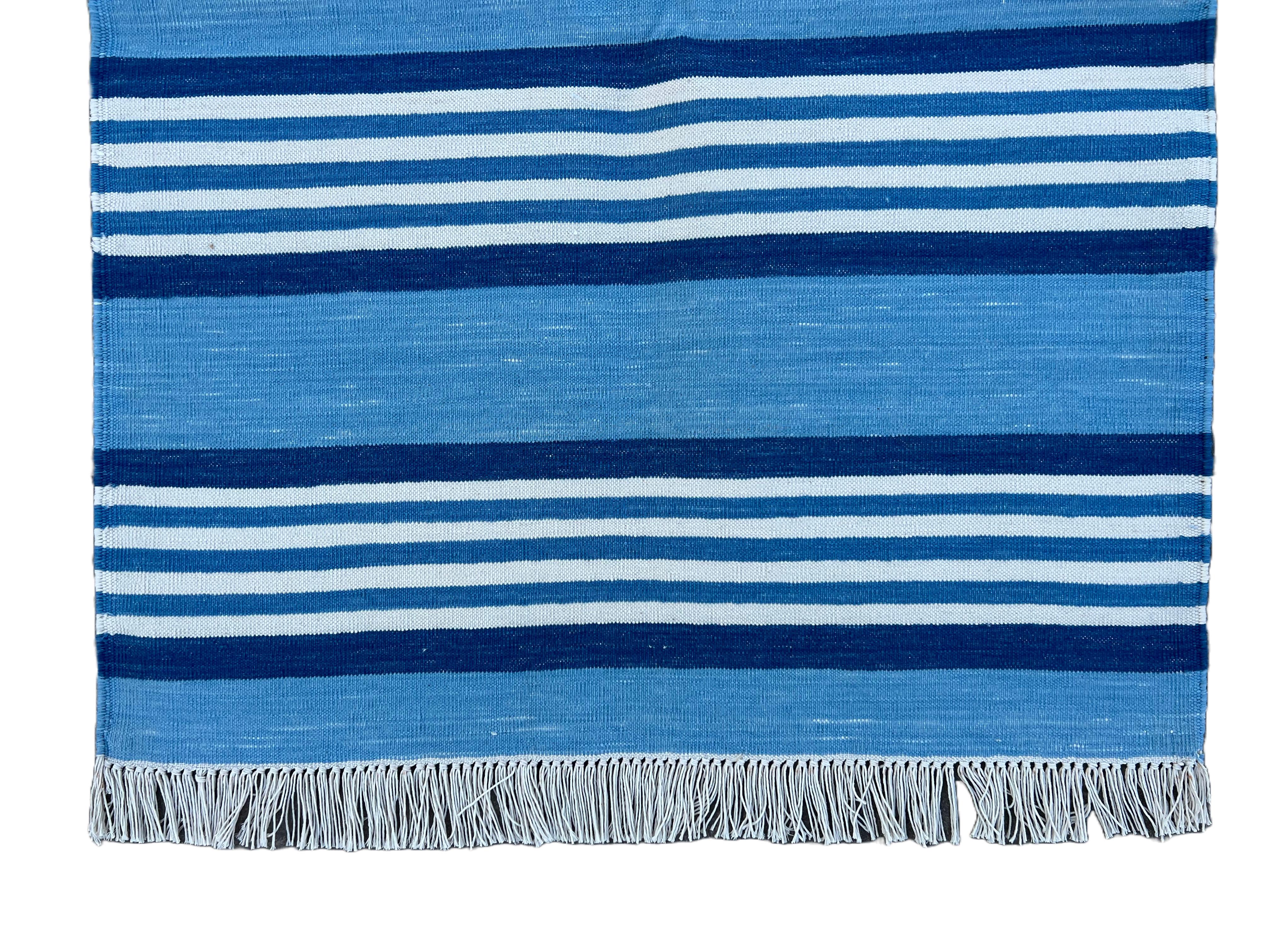 Handmade Cotton Area Flat Weave Runner, 2x6 Green And Blue Stripe Indian Dhurrie In New Condition For Sale In Jaipur, IN