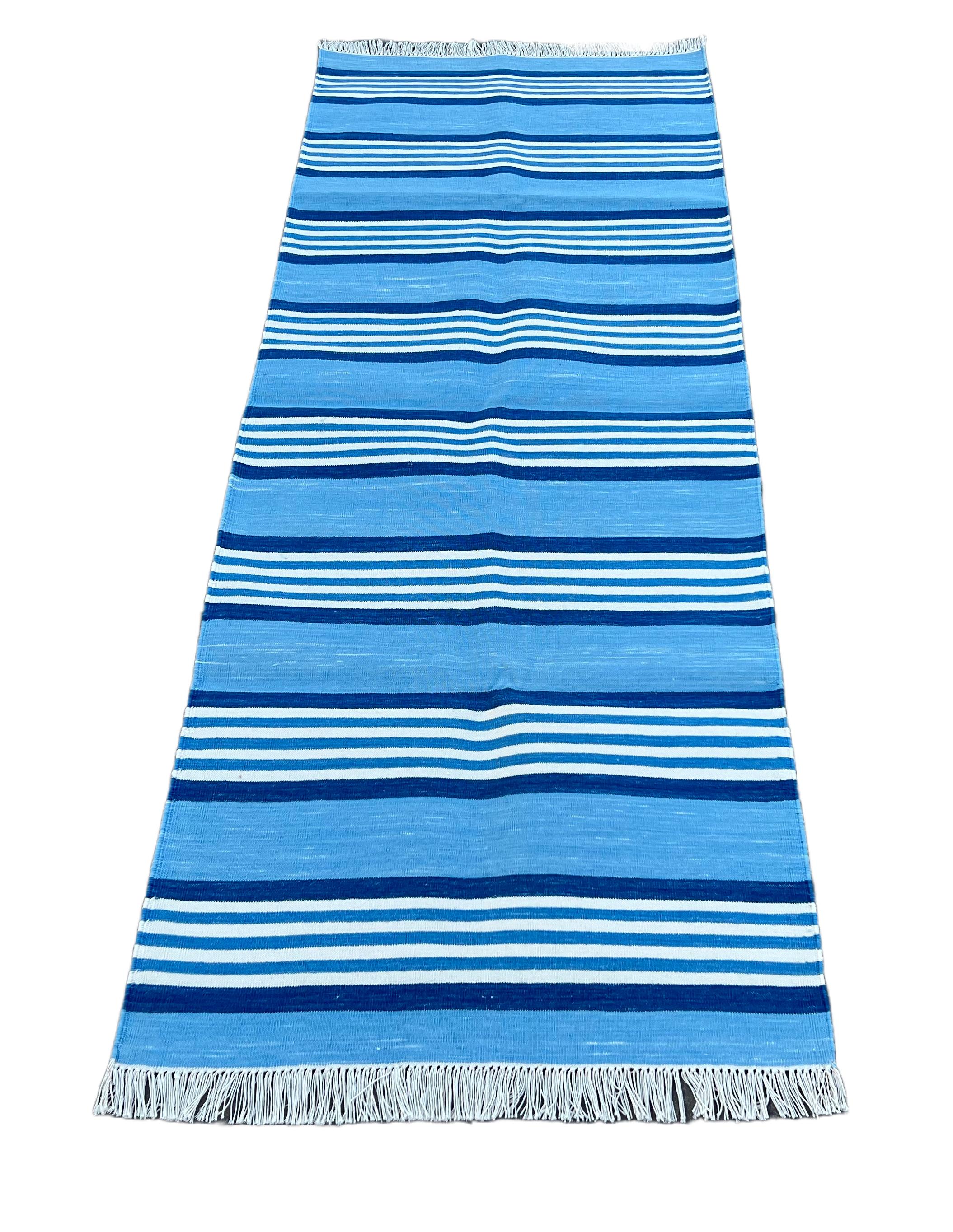 Contemporary Handmade Cotton Area Flat Weave Runner, 2x6 Green And Blue Stripe Indian Dhurrie For Sale