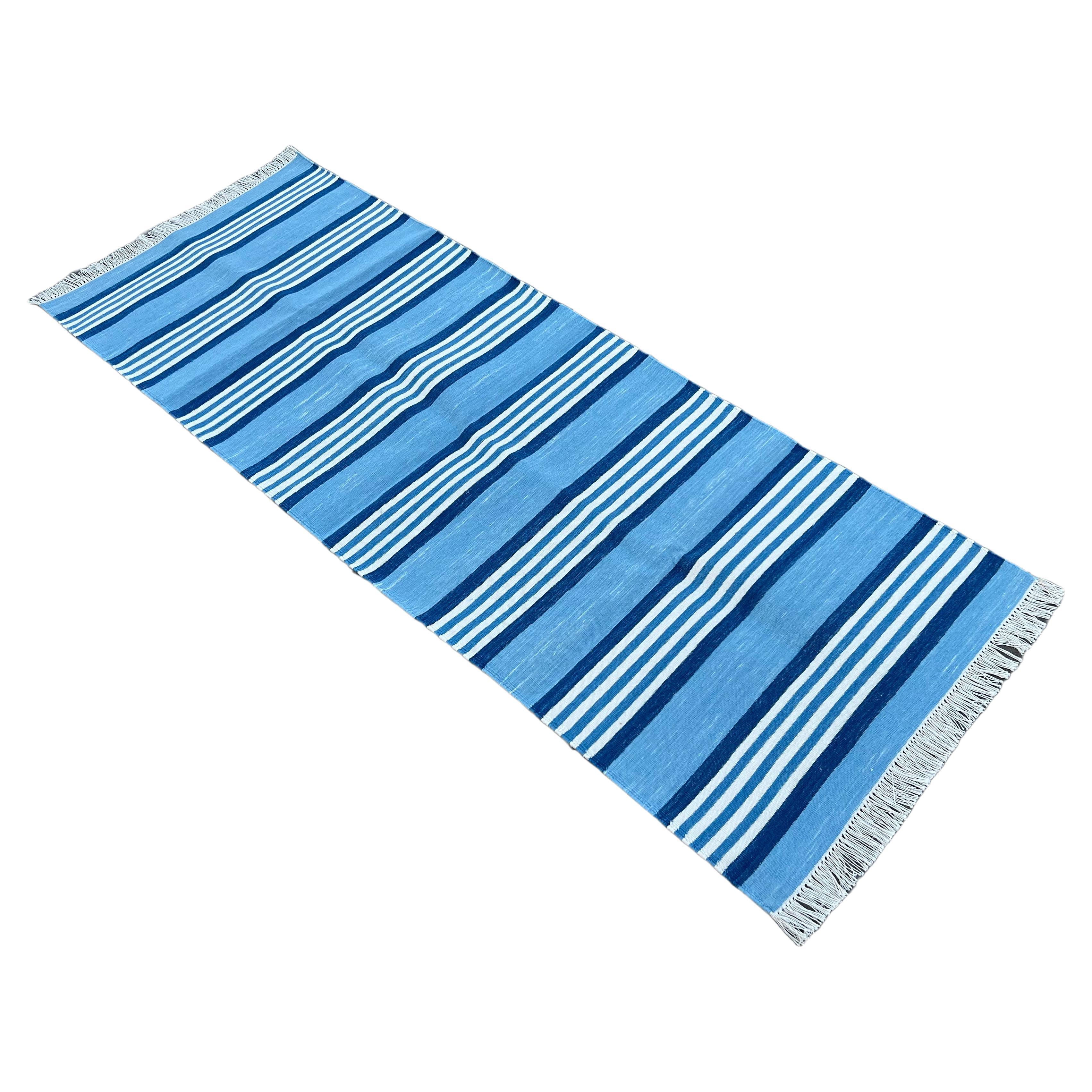 Handmade Cotton Area Flat Weave Runner, 2x6 Green And Blue Stripe Indian Dhurrie For Sale