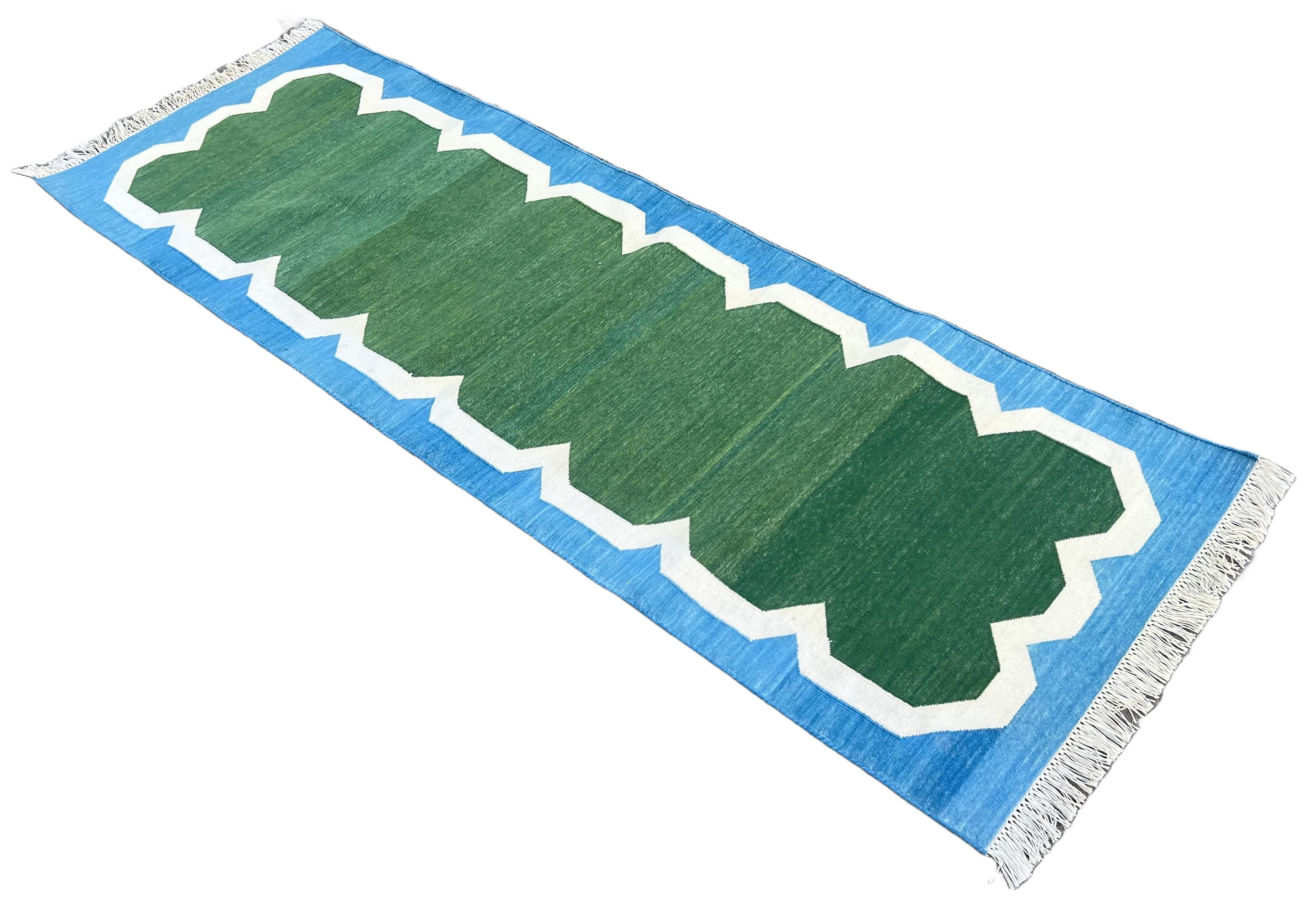Handmade Cotton Area Flat Weave Runner, 2x6 Green, Blue Scalloped Indian Dhurrie For Sale 4
