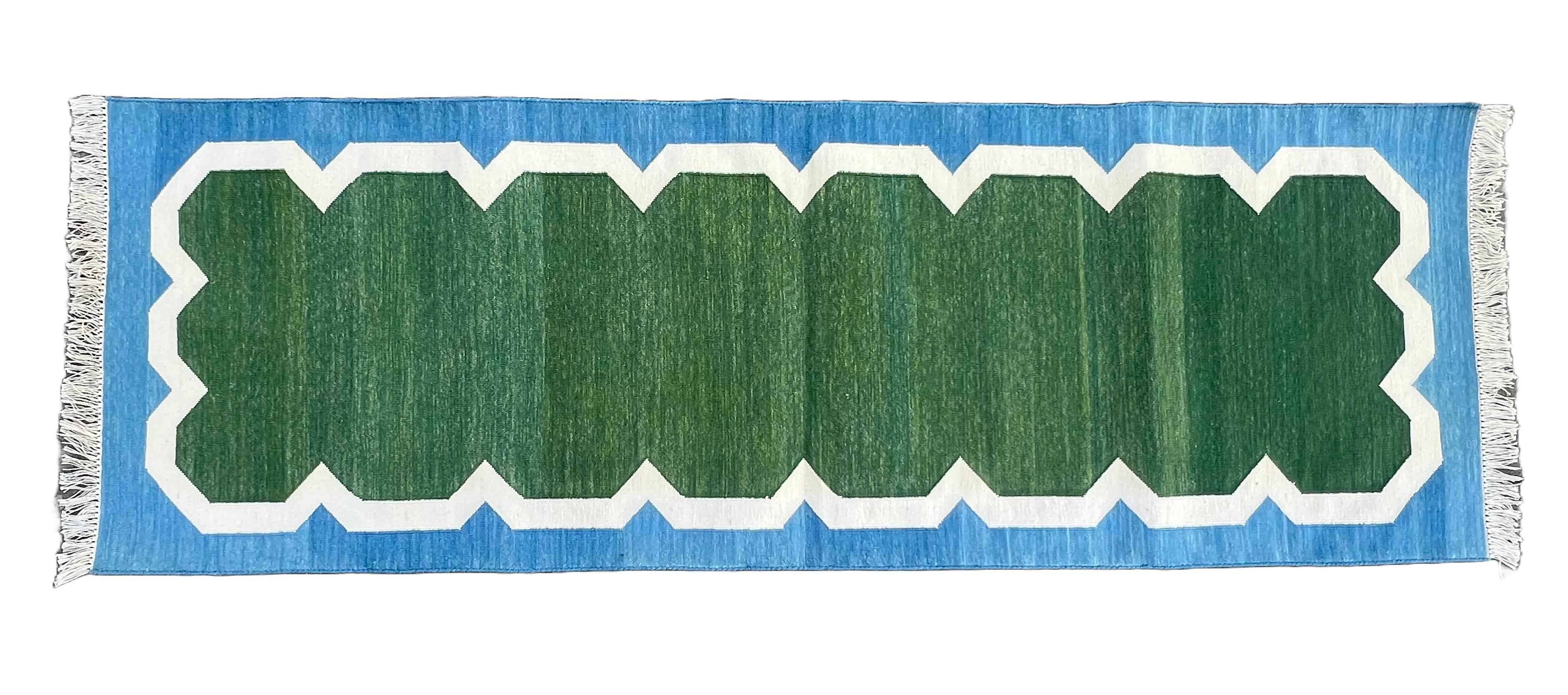 Cotton Natural Vegetable Dyed, Forest Green, Cream And Blue Scalloped Rug Runner Indian Dhurrie Runner-2'x6' (60x180cm)

These special flat-weave dhurries are hand-woven with 15 ply 100% cotton yarn. Due to the special manufacturing techniques used