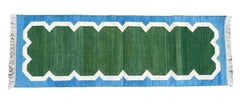 Handmade Cotton Area Flat Weave Runner, 2x6 Green, Blue Scalloped Indian Dhurrie