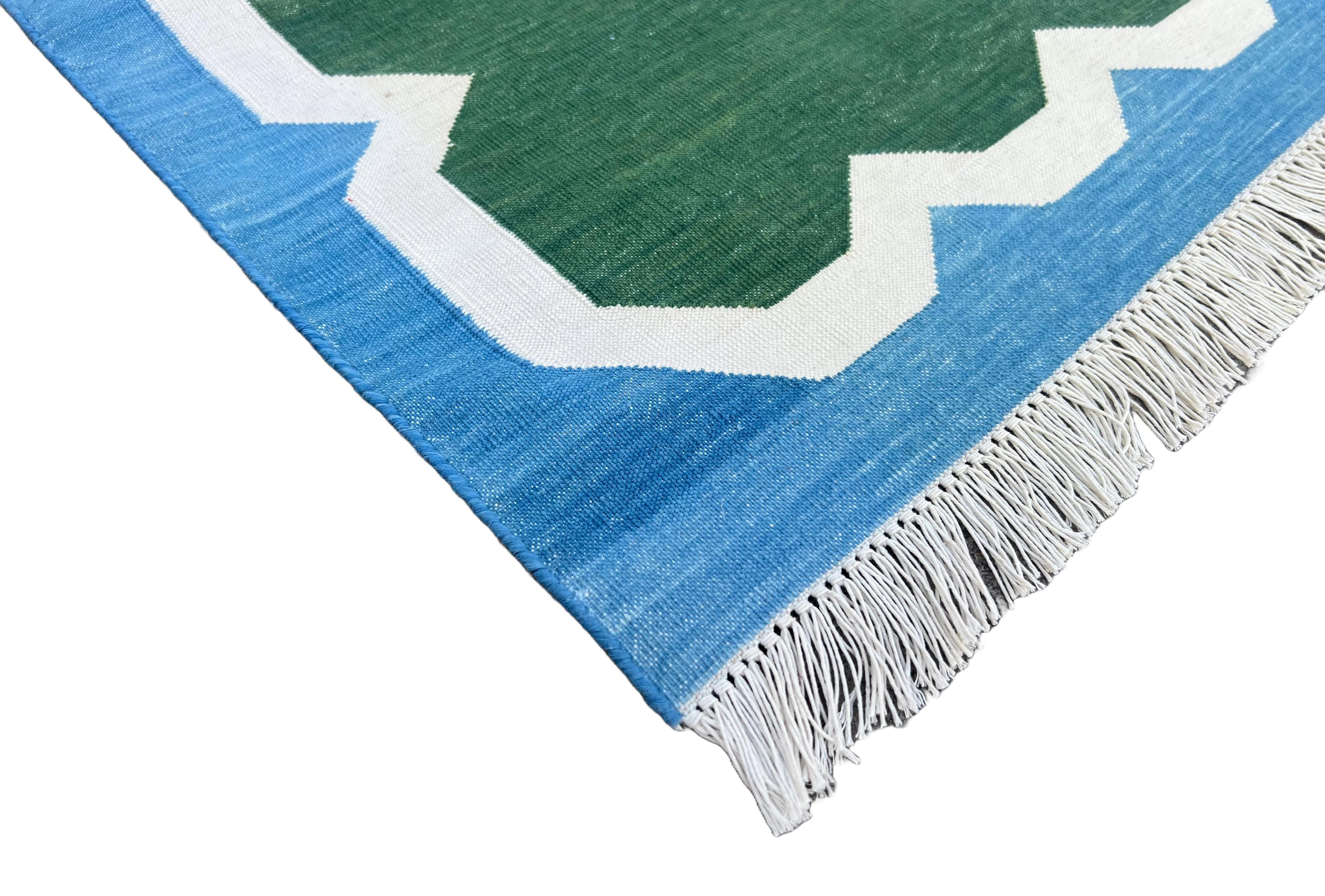Mid-Century Modern Handmade Cotton Area Flat Weave Runner, 2x6 Green, Blue Scalloped Indian Dhurrie For Sale