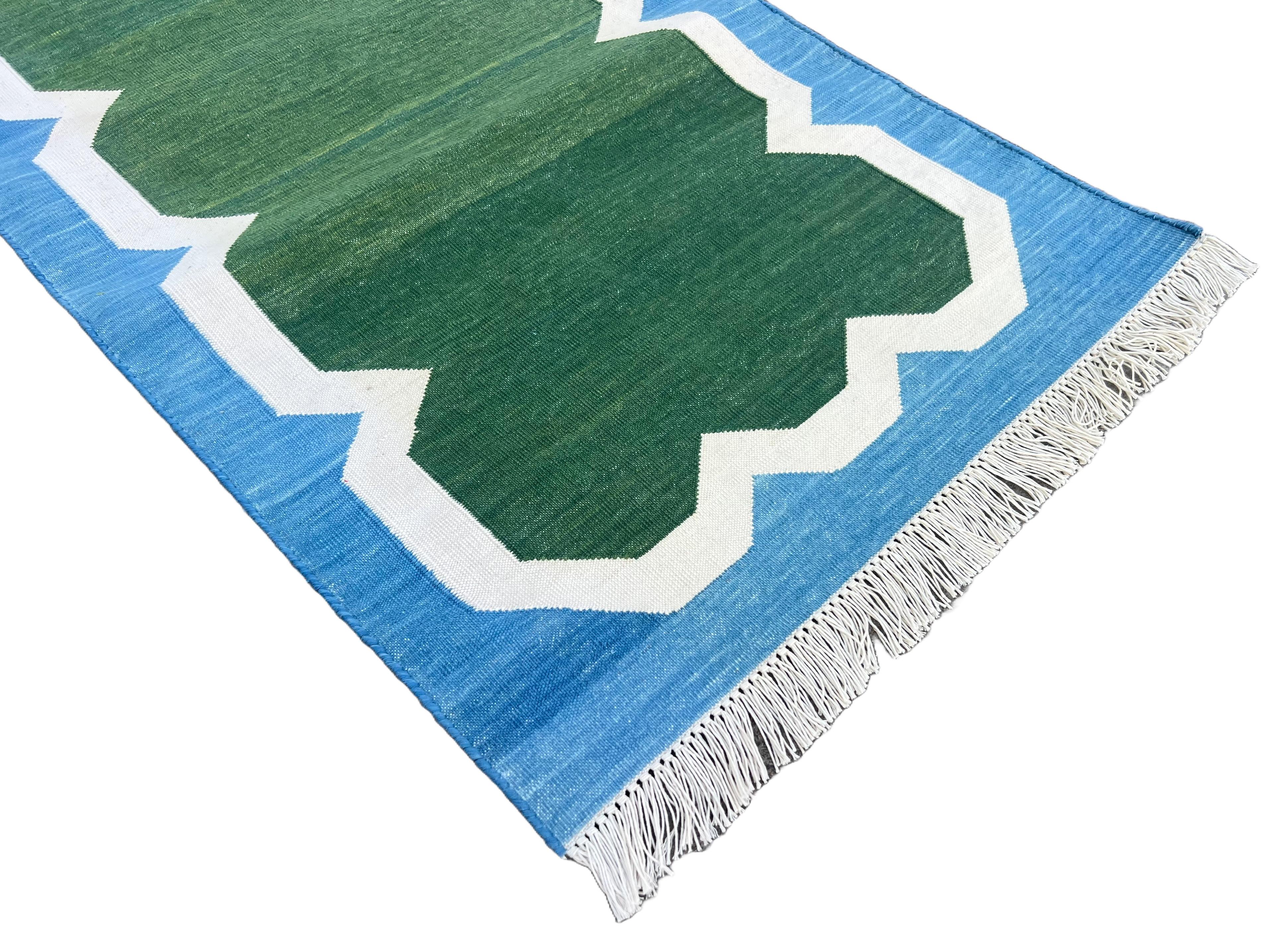Hand-Woven Handmade Cotton Area Flat Weave Runner, 2x6 Green, Blue Scalloped Indian Dhurrie For Sale