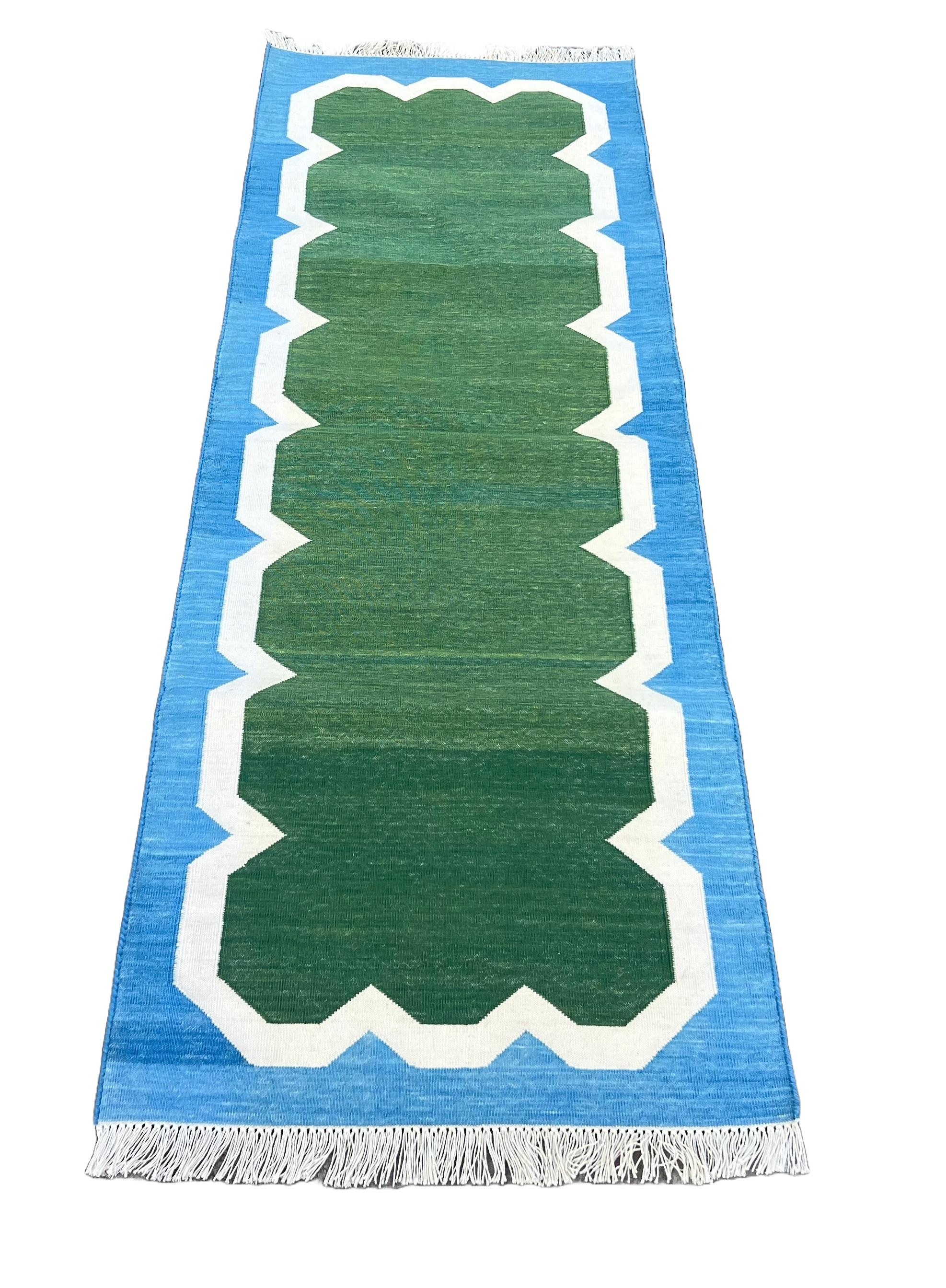 Contemporary Handmade Cotton Area Flat Weave Runner, 2x6 Green, Blue Scalloped Indian Dhurrie For Sale