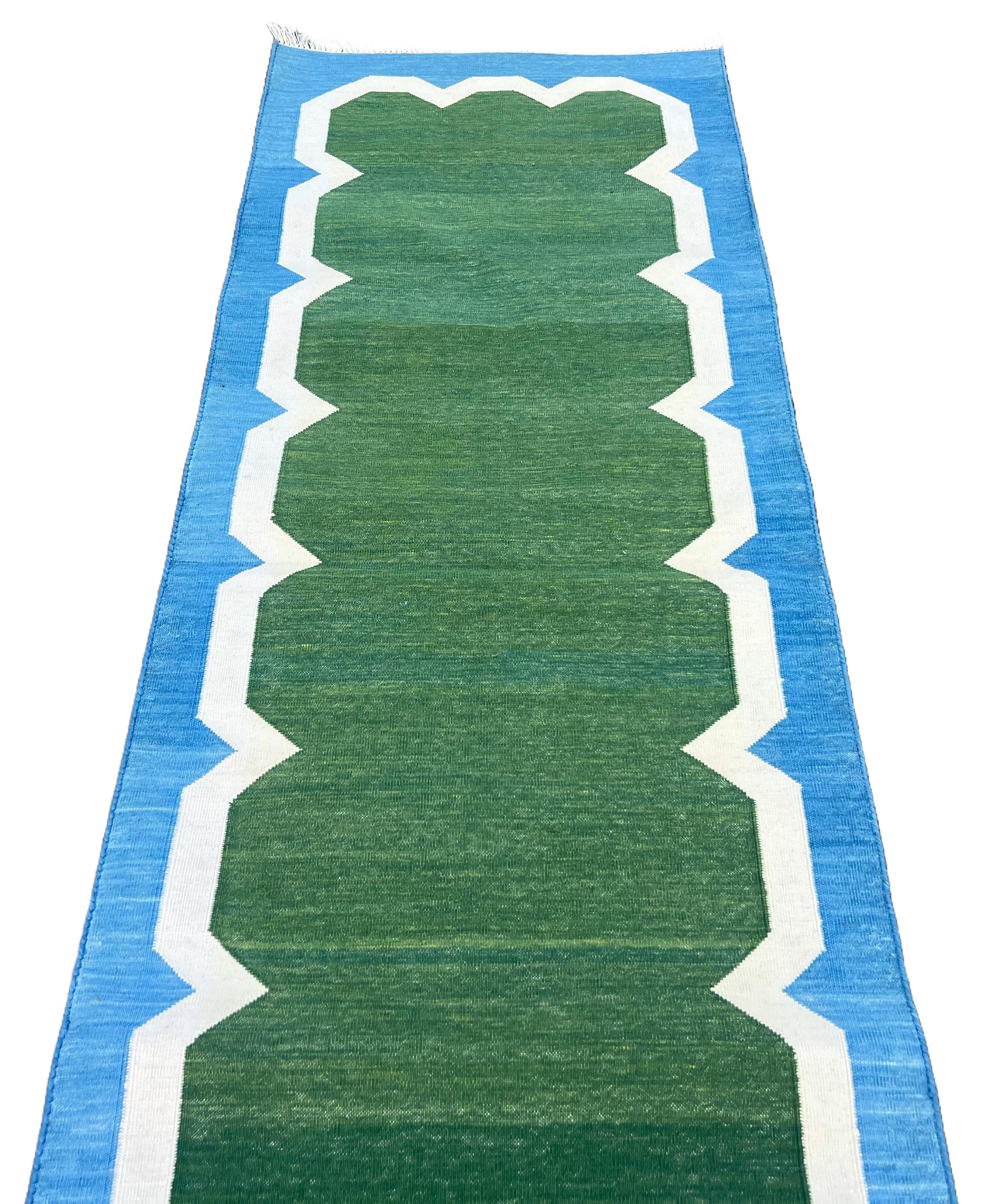 Handmade Cotton Area Flat Weave Runner, 2x6 Green, Blue Scalloped Indian Dhurrie For Sale 1