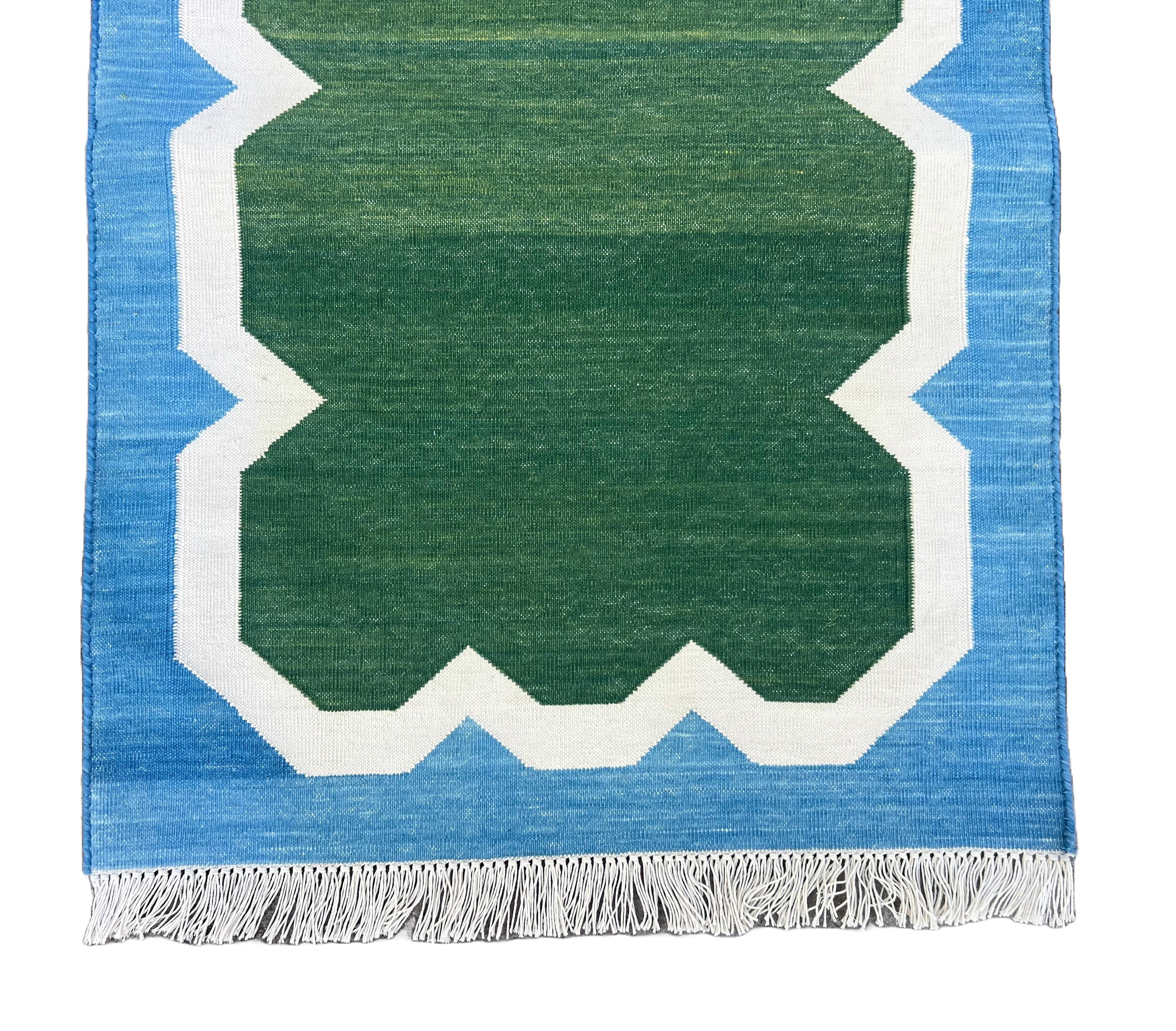Handmade Cotton Area Flat Weave Runner, 2x6 Green, Blue Scalloped Indian Dhurrie For Sale 2