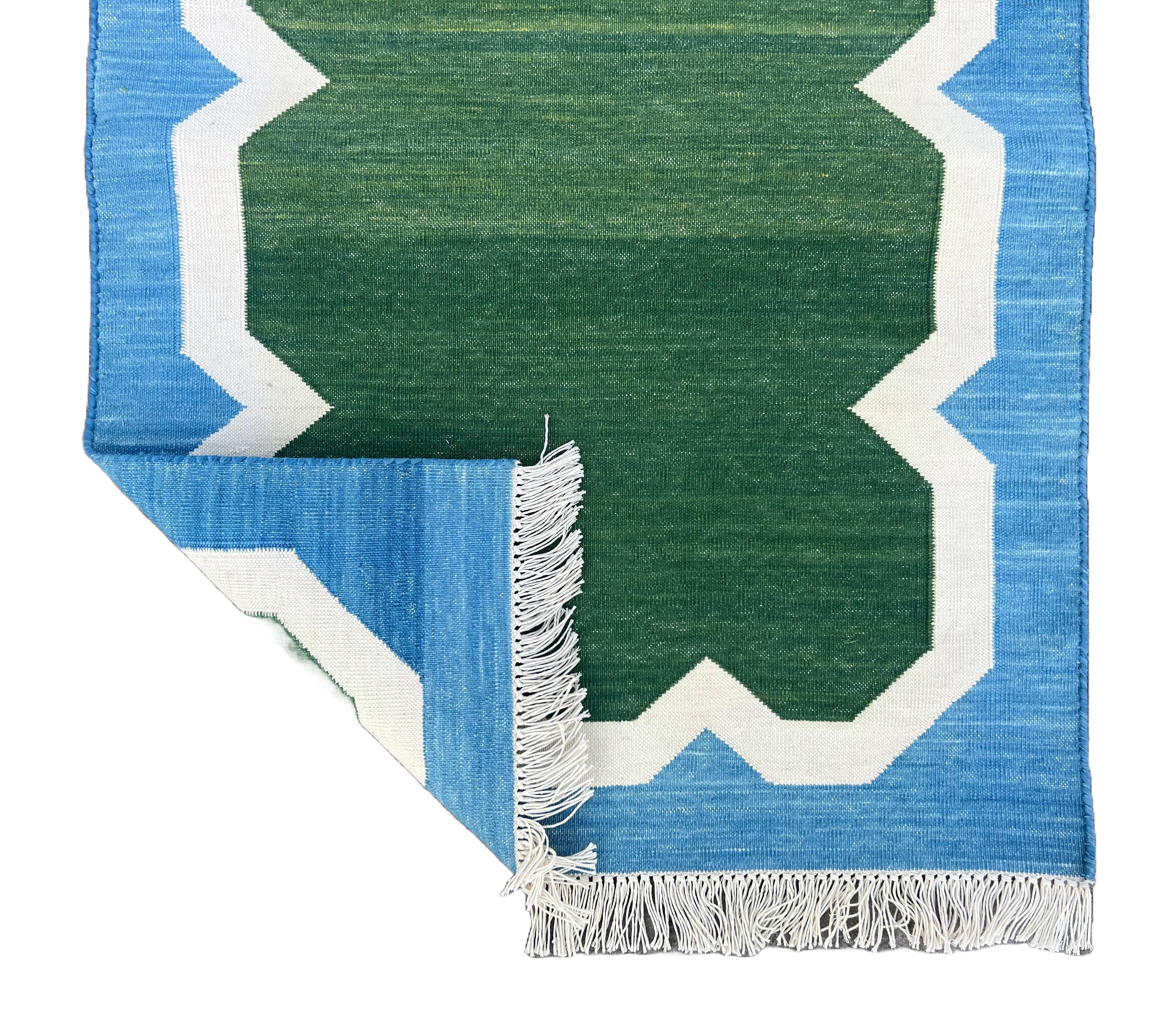 Handmade Cotton Area Flat Weave Runner, 2x6 Green, Blue Scalloped Indian Dhurrie For Sale 3