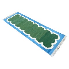 Tapis de coton tissé à la main, 2x6 vert, bleu Dhurrie indien festonné