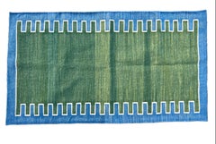Handmade Cotton Area Flat Weave Runner, 2x6 Green, Blue Zig Zag Striped Dhurrie