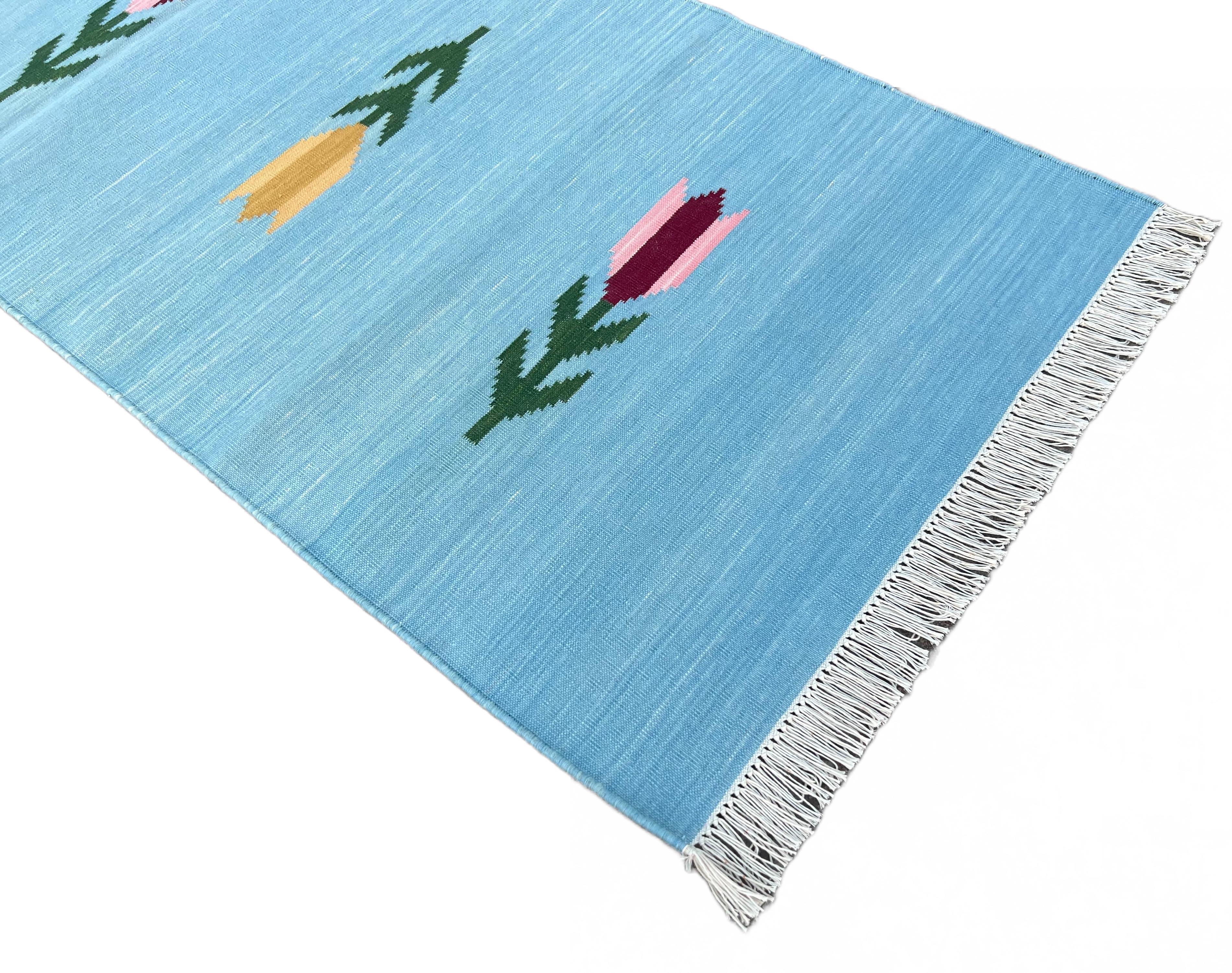 Mid-Century Modern Tapis Dhurrie indien à tissage plat fait à la main, 2x8, à feuilles bleues et vertes en vente