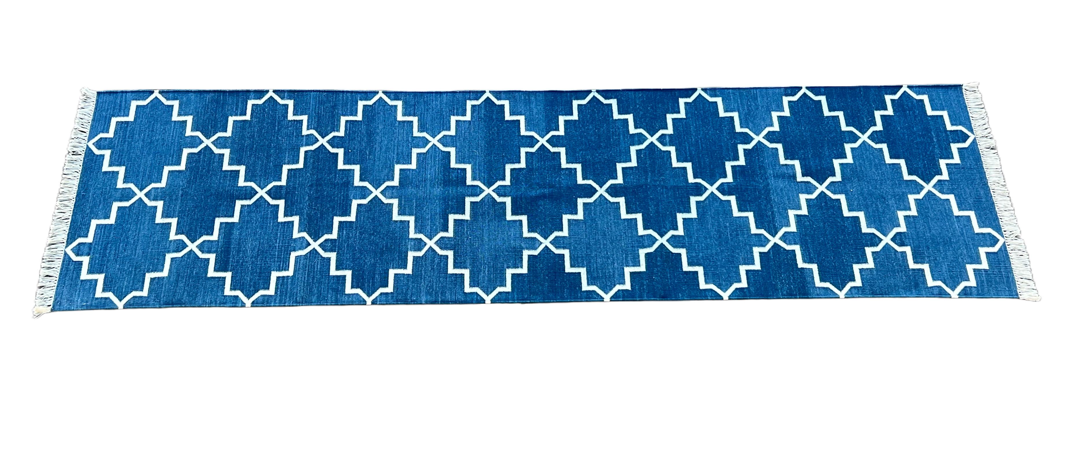 Handmade Cotton Area Flat Weave Runner, 2x8 Blue, White Geometric Indian Dhurrie For Sale 4