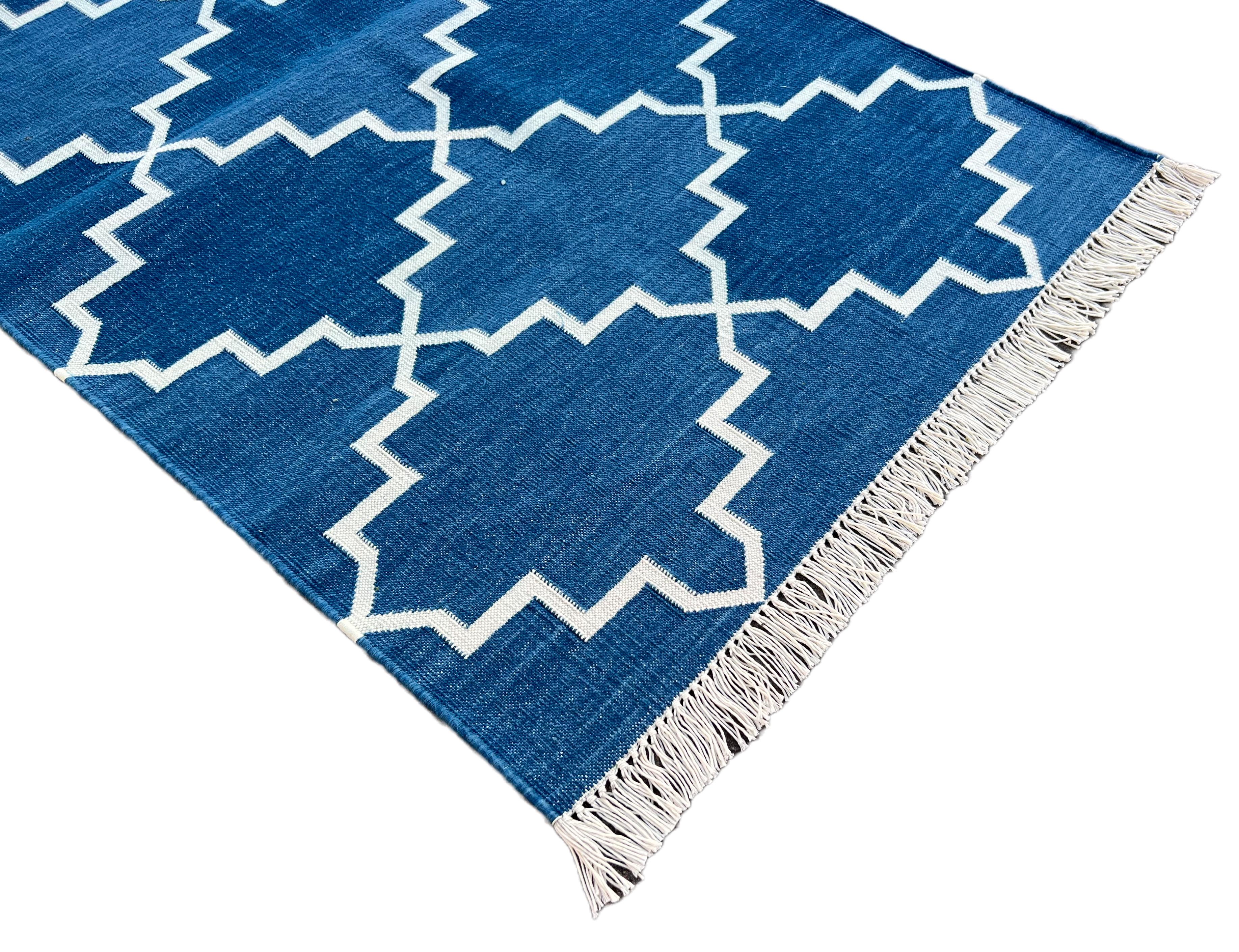 Mid-Century Modern Handmade Cotton Area Flat Weave Runner, 2x8 Blue, White Geometric Indian Dhurrie For Sale