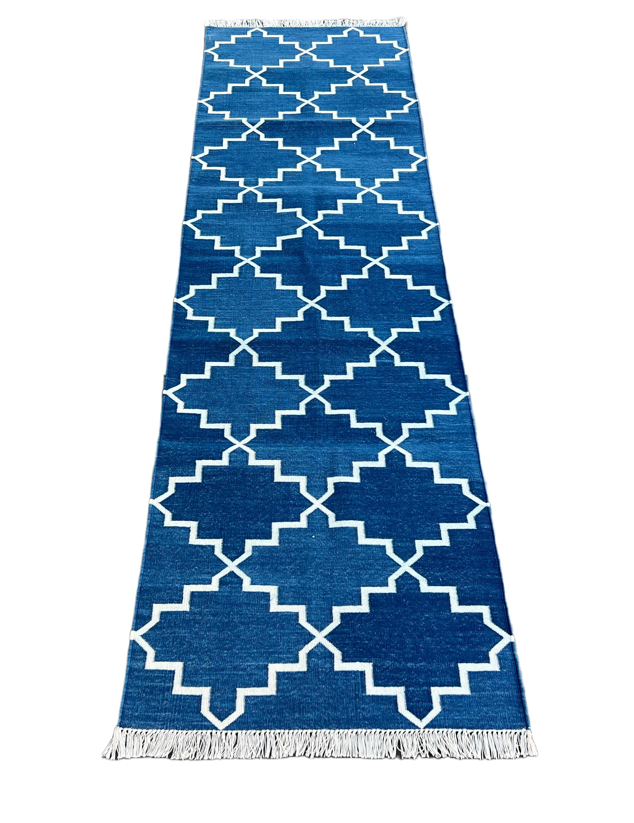 Handmade Cotton Area Flat Weave Runner, 2x8 Blue, White Geometric Indian Dhurrie In New Condition For Sale In Jaipur, IN