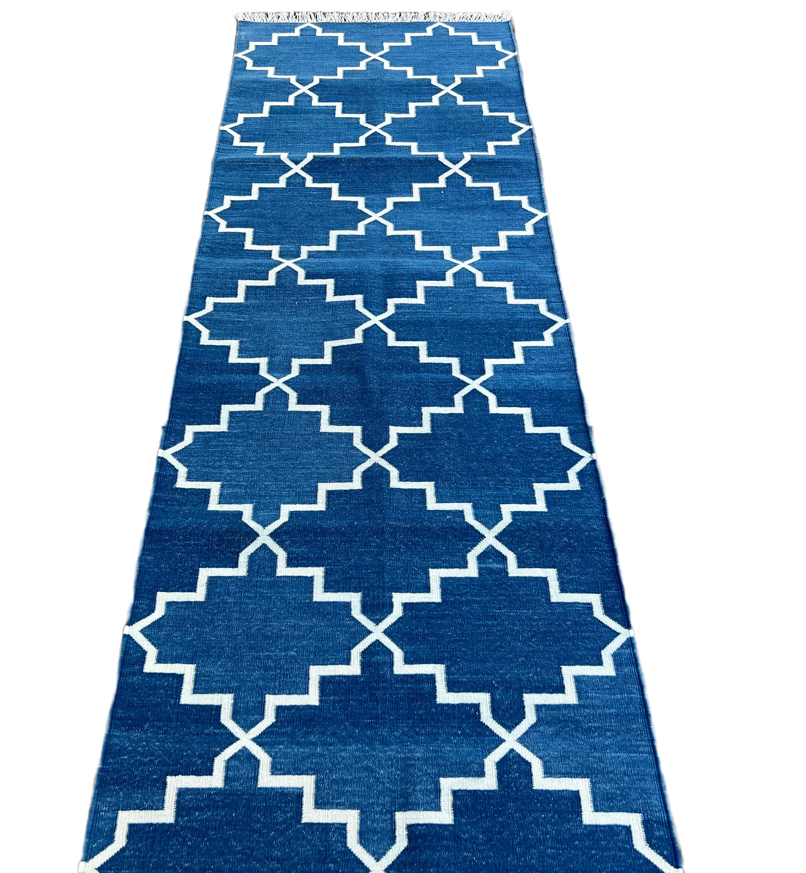 Contemporary Handmade Cotton Area Flat Weave Runner, 2x8 Blue, White Geometric Indian Dhurrie For Sale