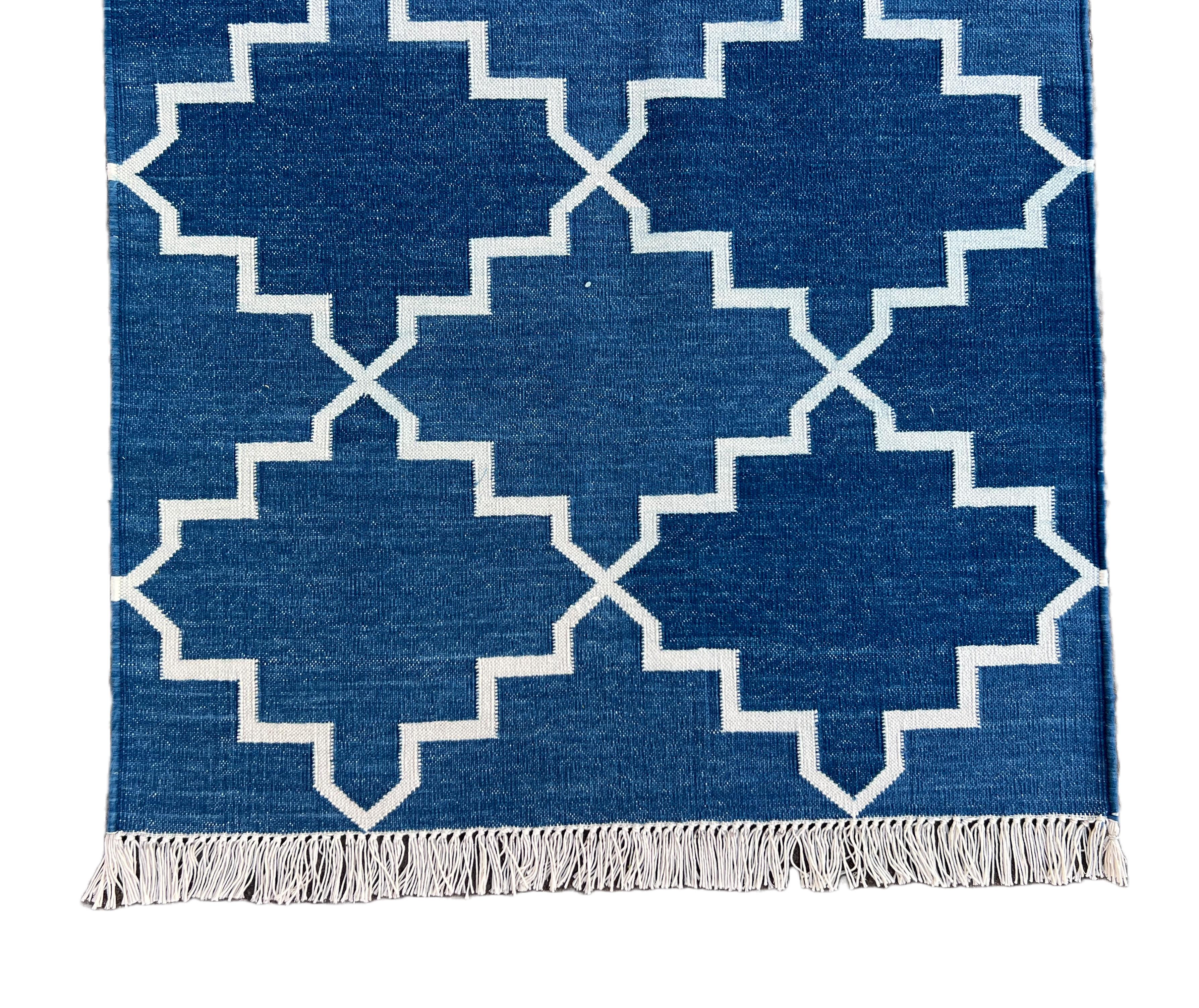 Handmade Cotton Area Flat Weave Runner, 2x8 Blue, White Geometric Indian Dhurrie For Sale 1