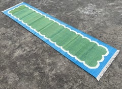 Runner a trama piatta in cotone fatto a mano, 2x9 Greene & Greene, Blue Scalloped Indian Dhurrie