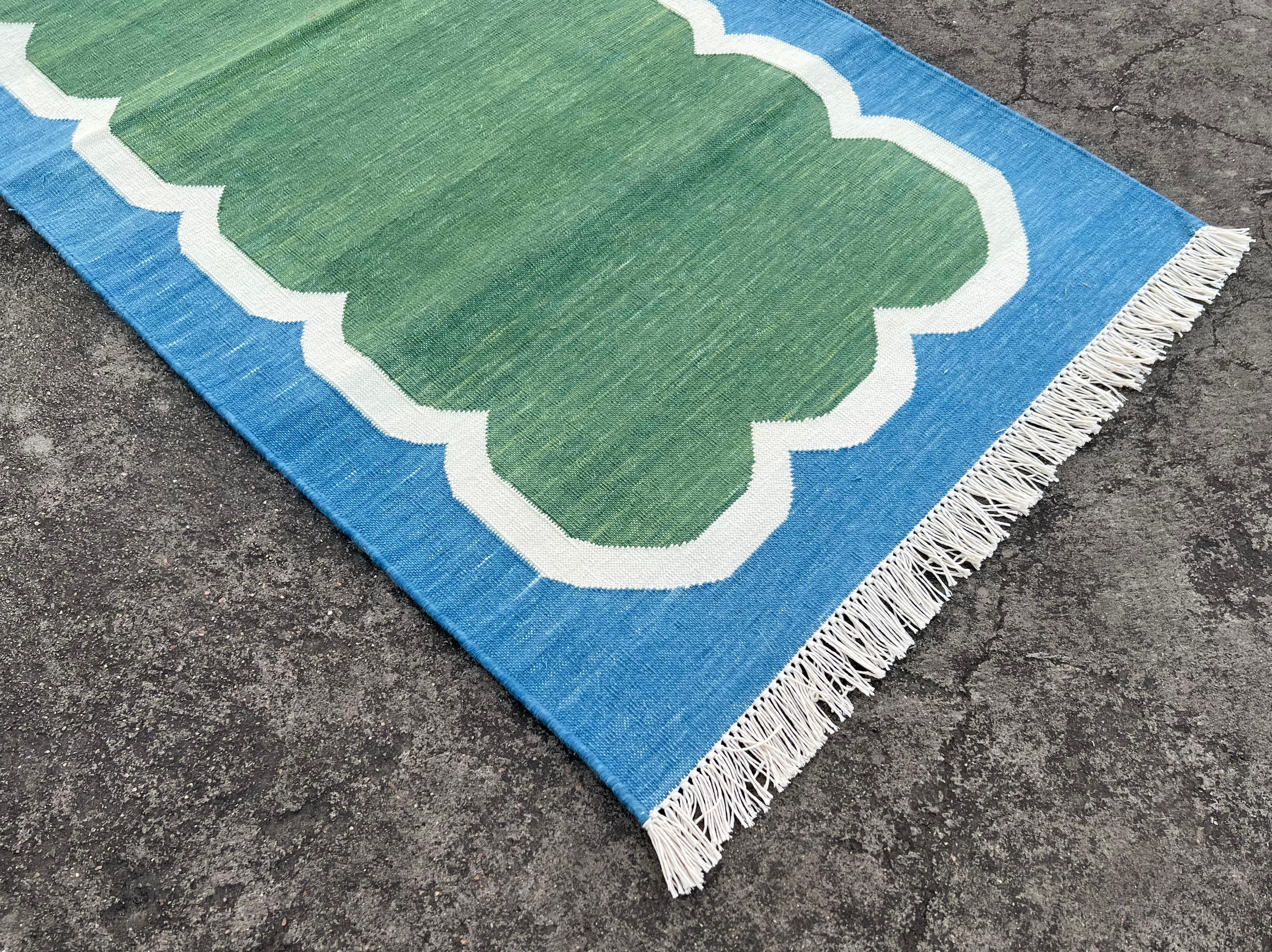 Mid-Century Modern Handmade Cotton Area Flat Weave Runner, 2x9 Green, Blue Scalloped Indian Dhurrie For Sale