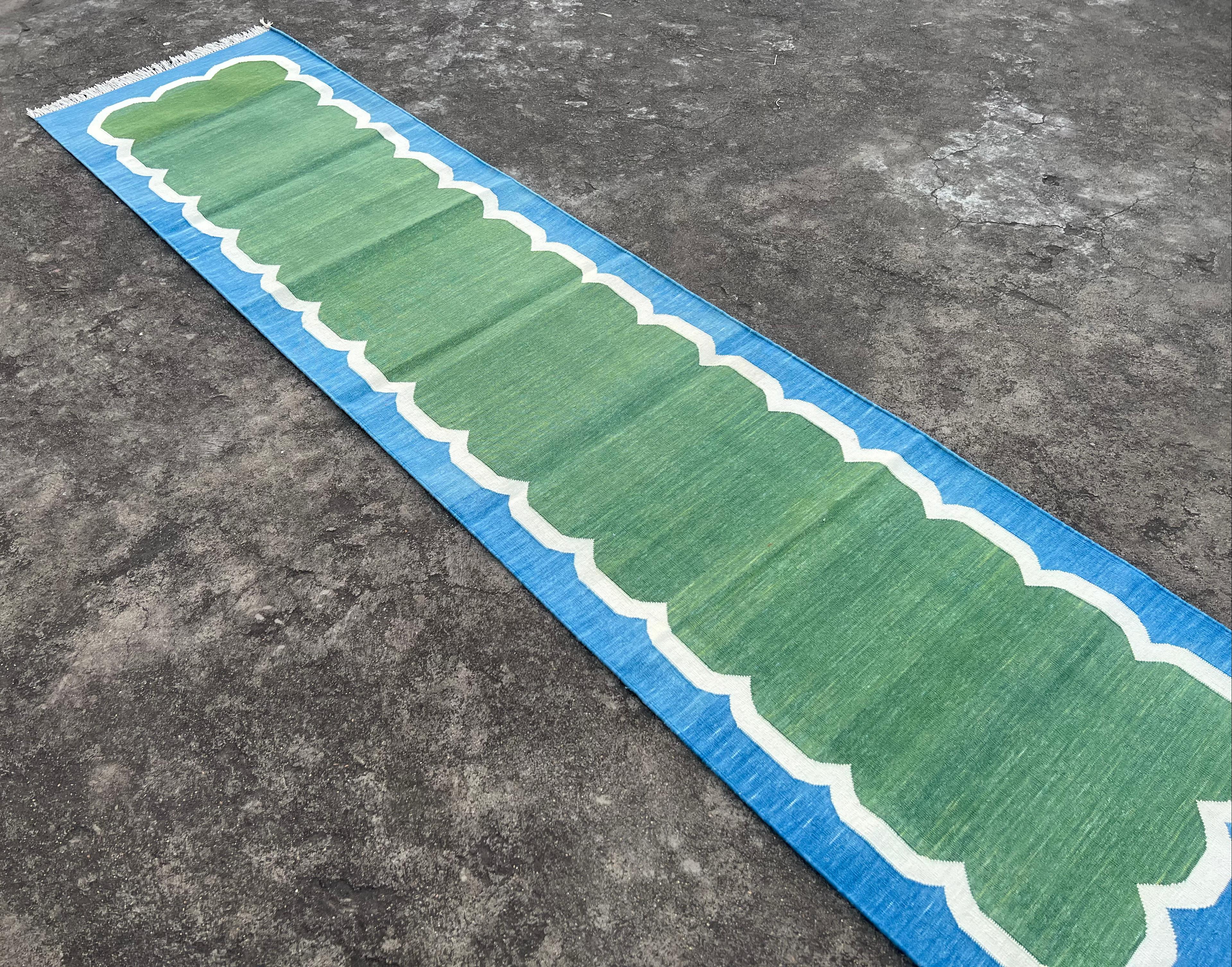 Hand-Woven Handmade Cotton Area Flat Weave Runner, 2x9 Green, Blue Scalloped Indian Dhurrie For Sale