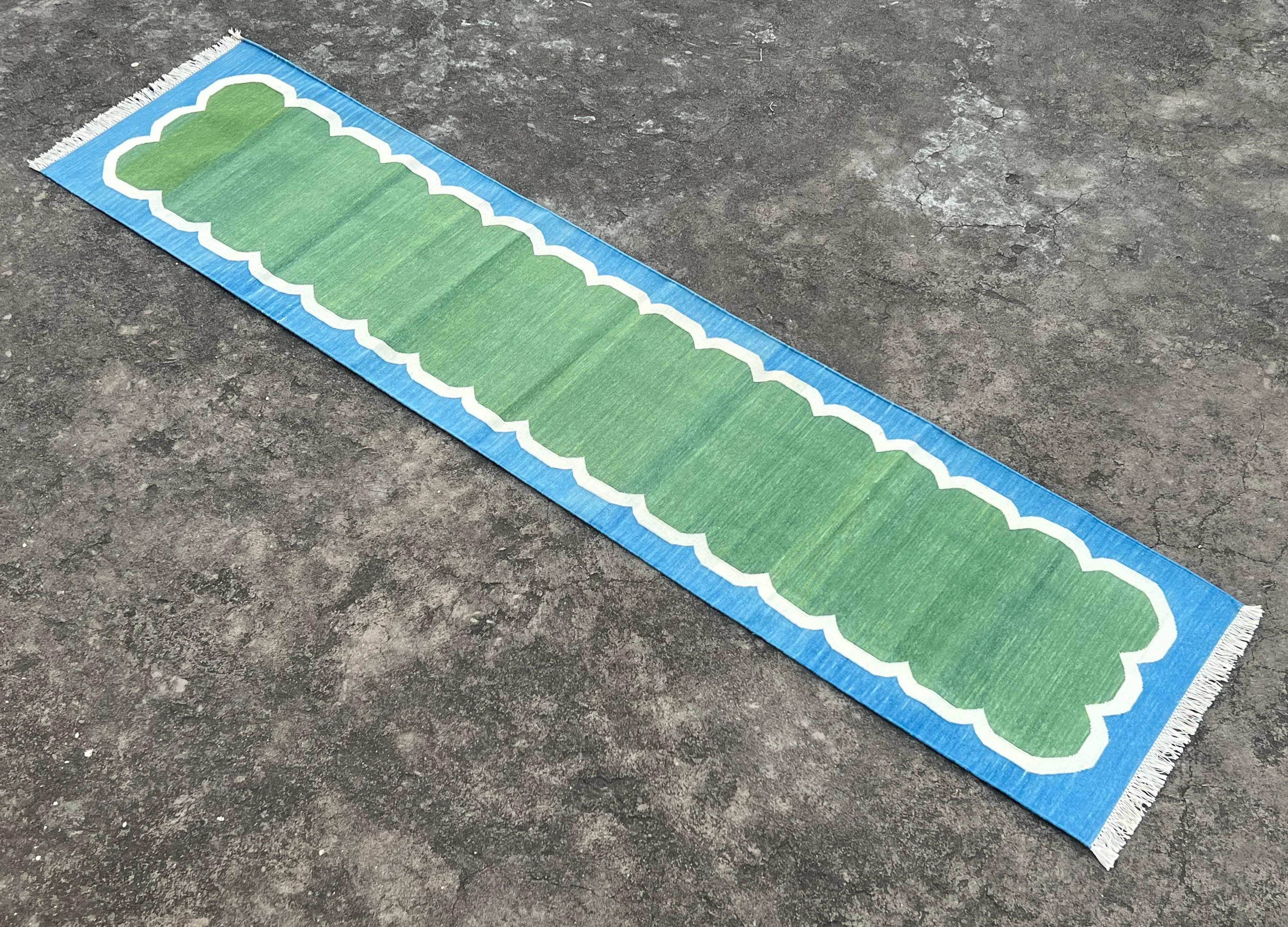 Handmade Cotton Area Flat Weave Runner, 2x9 Green, Blue Scalloped Indian Dhurrie For Sale 1