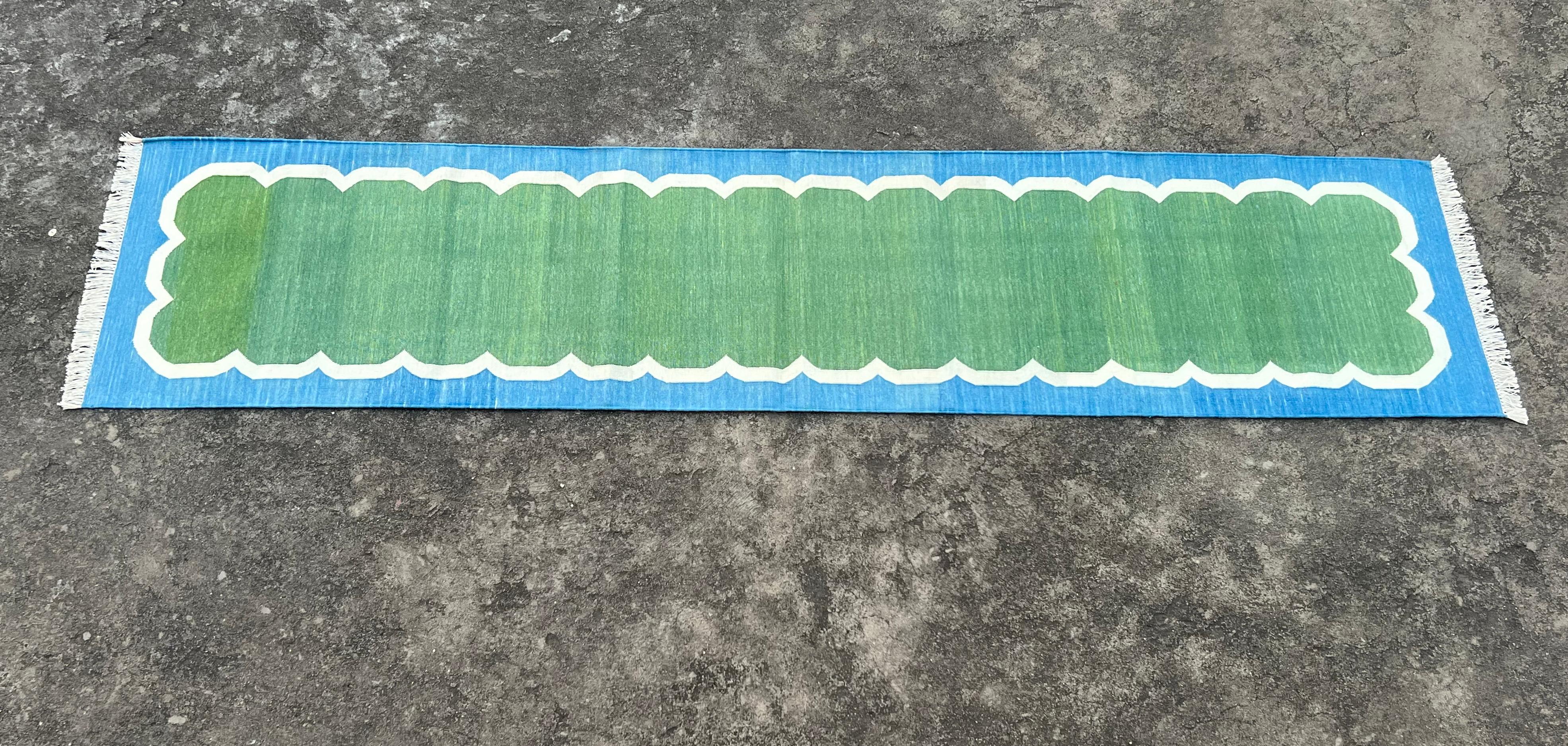 Handmade Cotton Area Flat Weave Runner, 2x9 Green, Blue Scalloped Indian Dhurrie For Sale 2