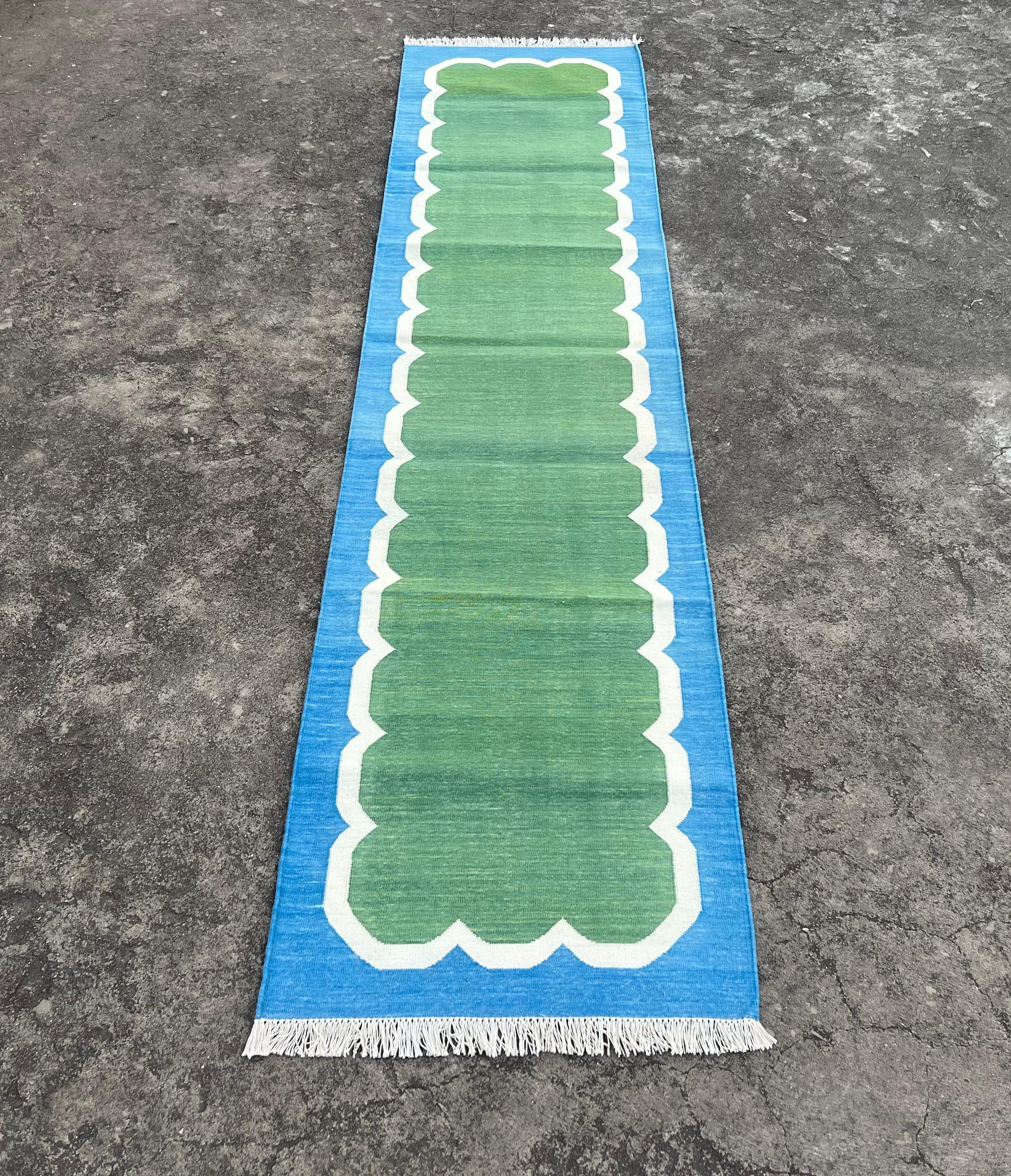 Handmade Cotton Area Flat Weave Runner, 2x9 Green, Blue Scalloped Indian Dhurrie For Sale 3