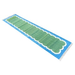 Tapis de coton tissé à la main, 2 x 9 vert, bleu Dhurrie indien festonné