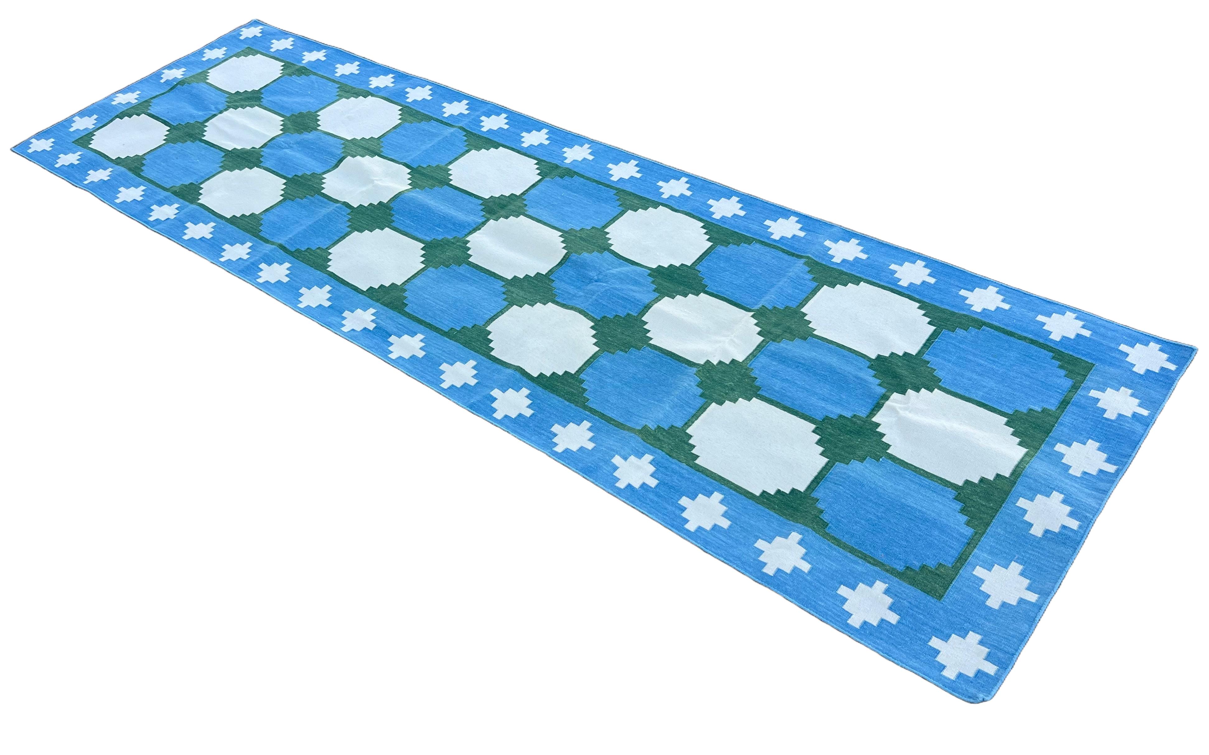 Handmade Cotton Area Flat Weave Runner, 3x10 Blue And Green Tile Indian Dhurrie For Sale 4