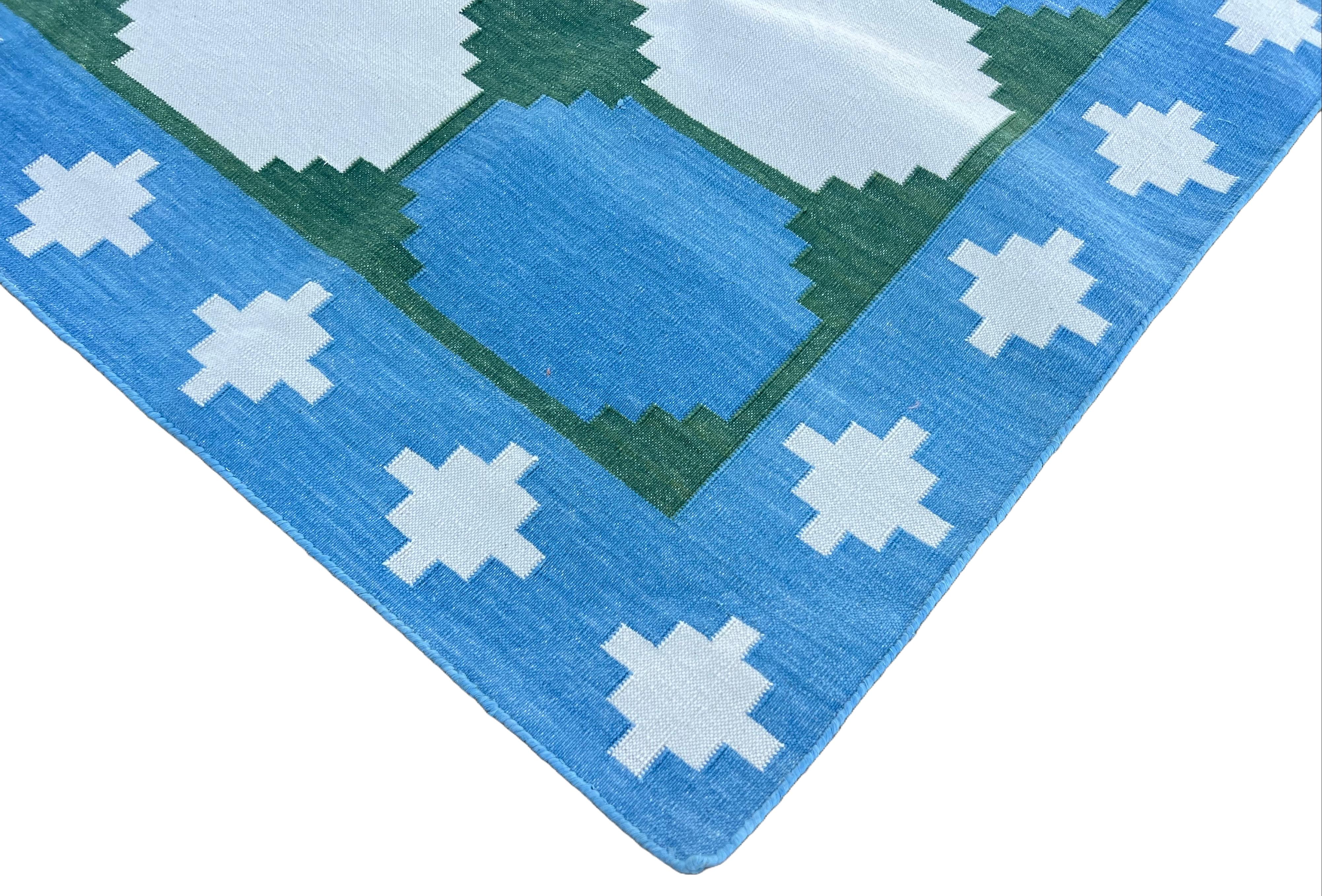 Cotton Natural Vegetable Dyed, Sky Blue, Forest Green And Cream Swedish Tile Pattern Indian Dhurrie Runner-3'x10' (90x300cm)
These special flat-weave dhurries are hand-woven with 15 ply 100% cotton yarn. Due to the special manufacturing techniques