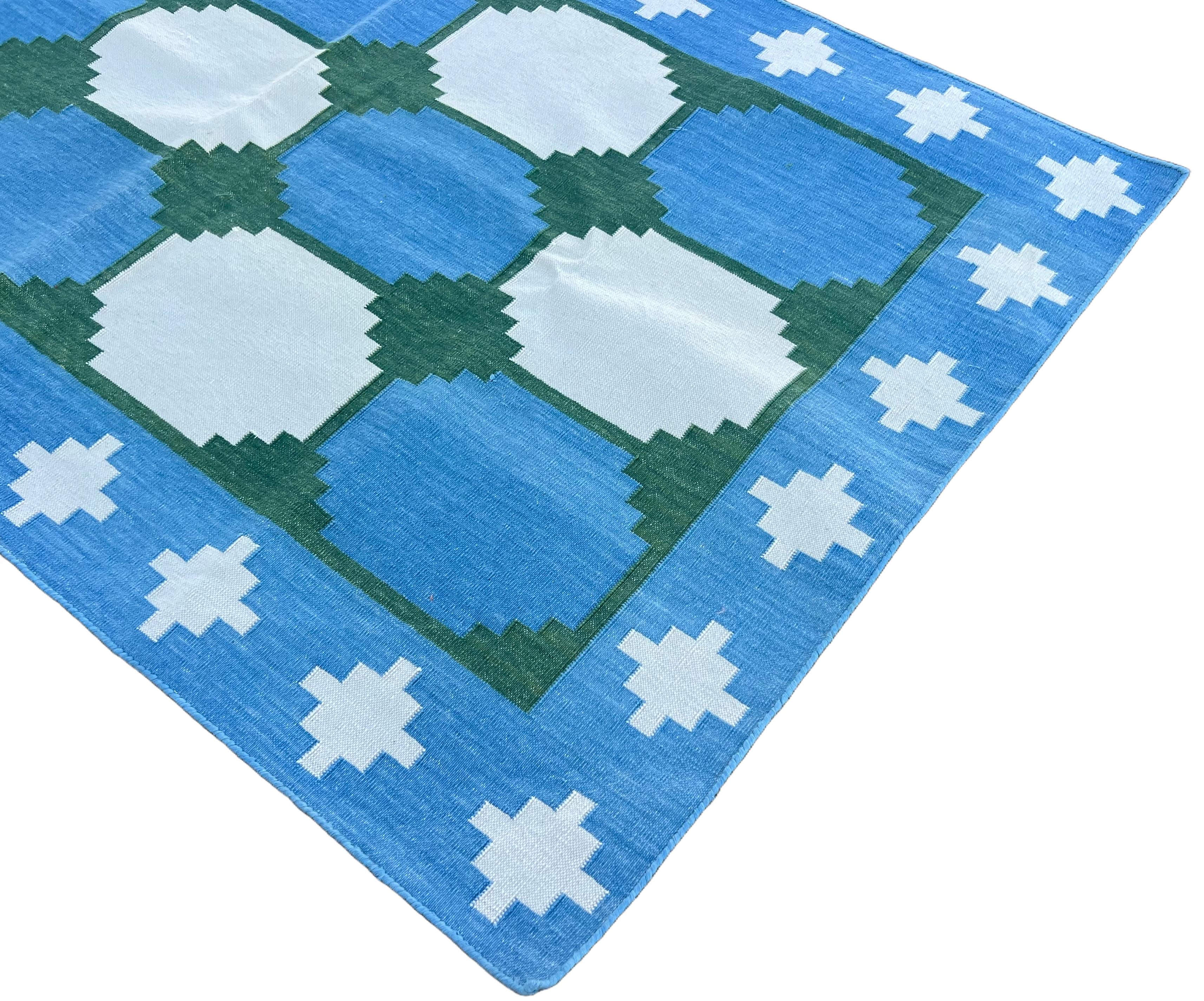 Mid-Century Modern Handmade Cotton Area Flat Weave Runner, 3x10 Blue And Green Tile Indian Dhurrie For Sale