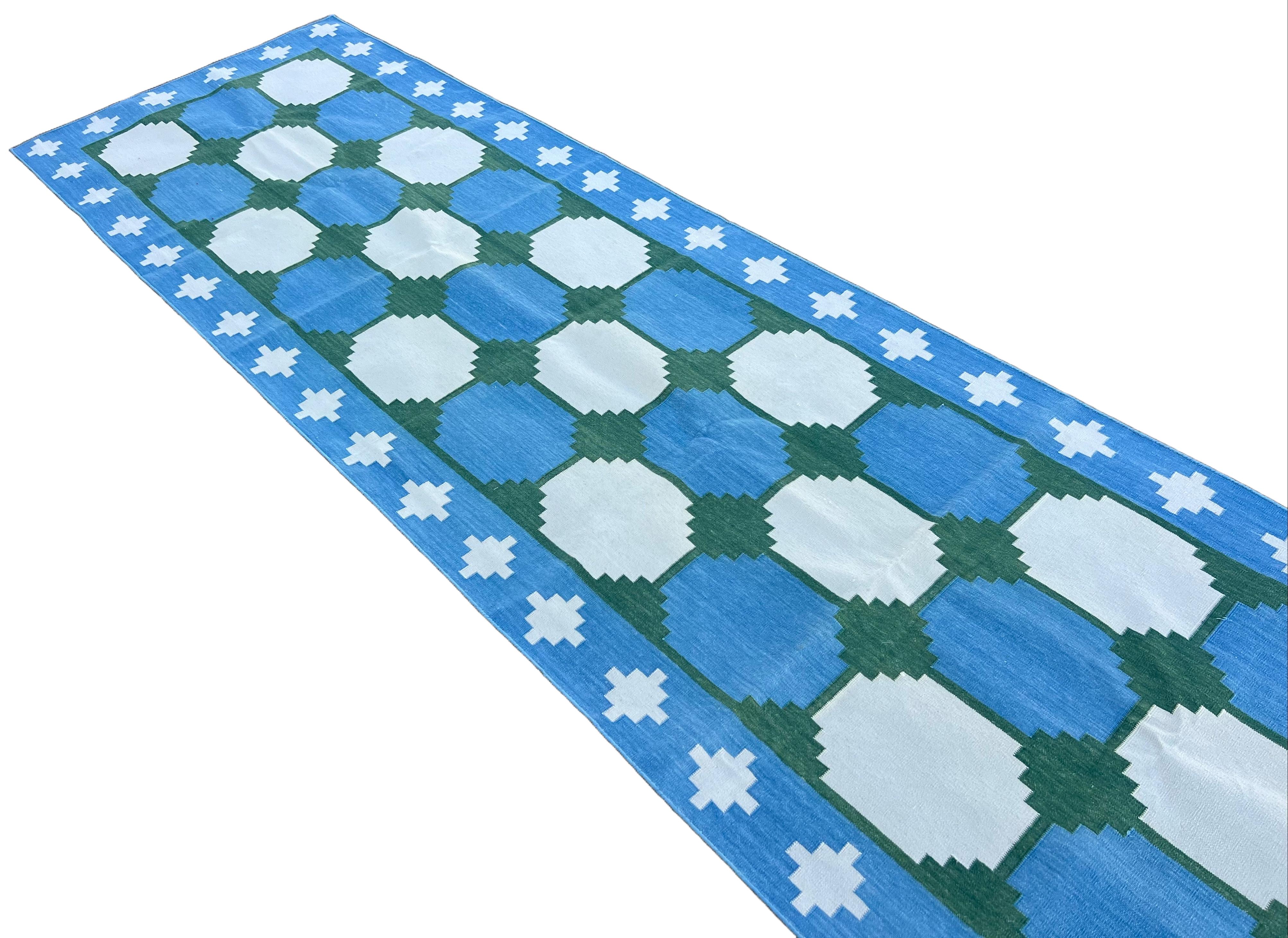 Hand-Woven Handmade Cotton Area Flat Weave Runner, 3x10 Blue And Green Tile Indian Dhurrie For Sale