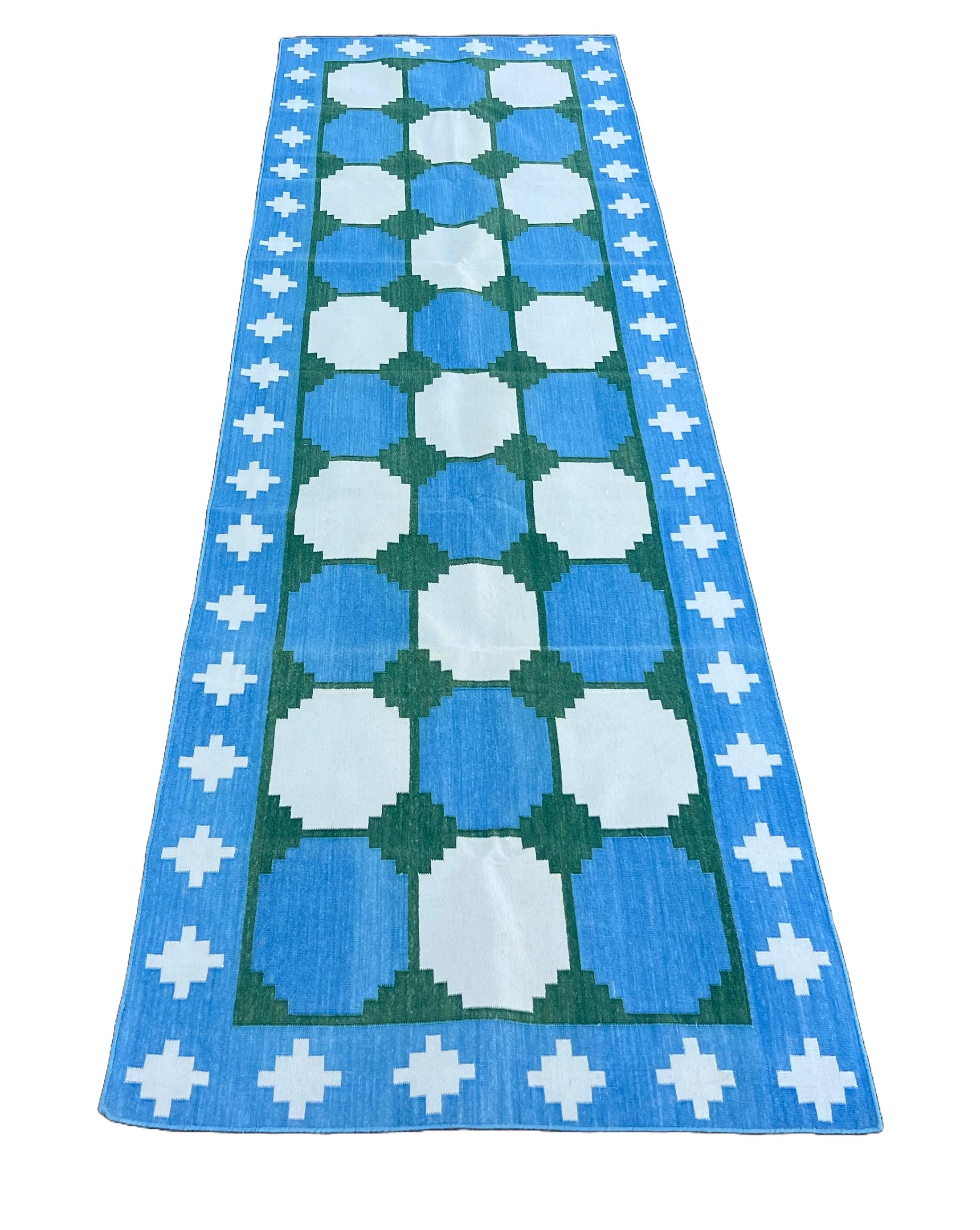 Handmade Cotton Area Flat Weave Runner, 3x10 Blue And Green Tile Indian Dhurrie In New Condition For Sale In Jaipur, IN