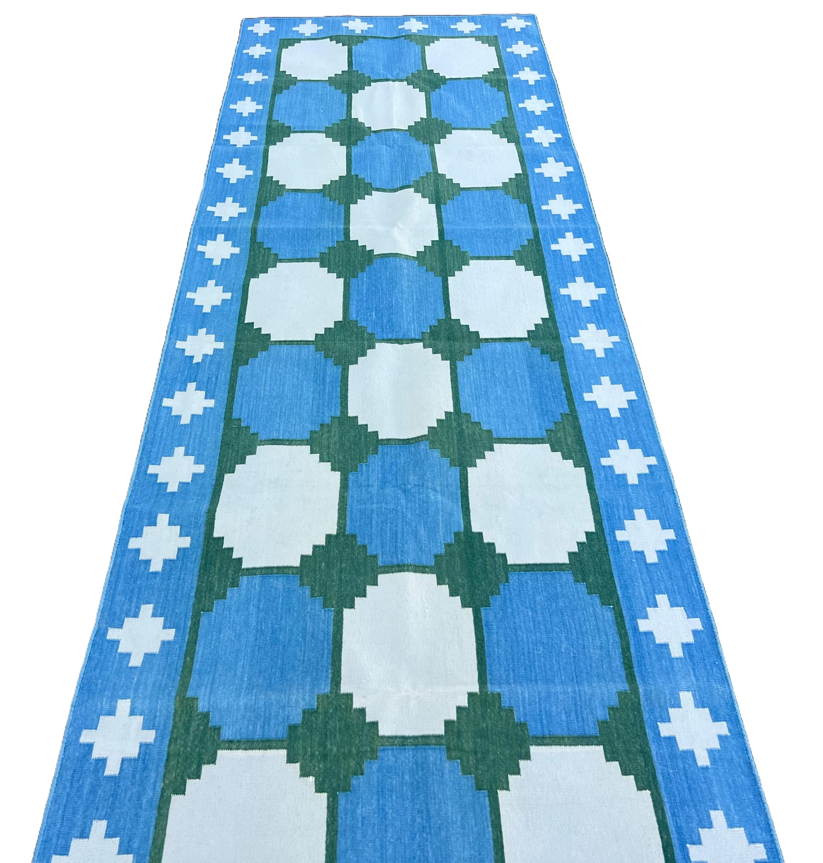 Contemporary Handmade Cotton Area Flat Weave Runner, 3x10 Blue And Green Tile Indian Dhurrie For Sale