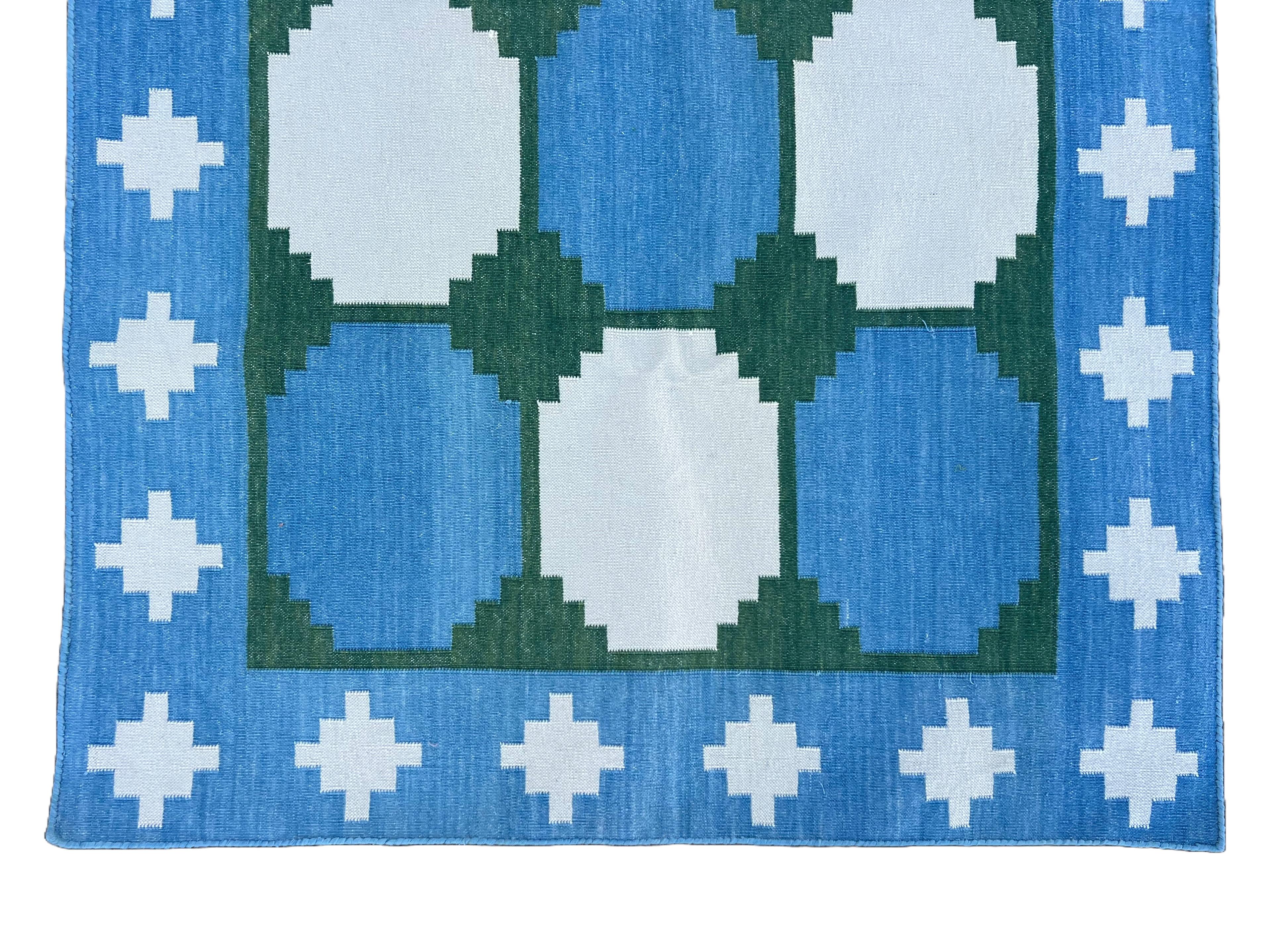 Handmade Cotton Area Flat Weave Runner, 3x10 Blue And Green Tile Indian Dhurrie For Sale 1