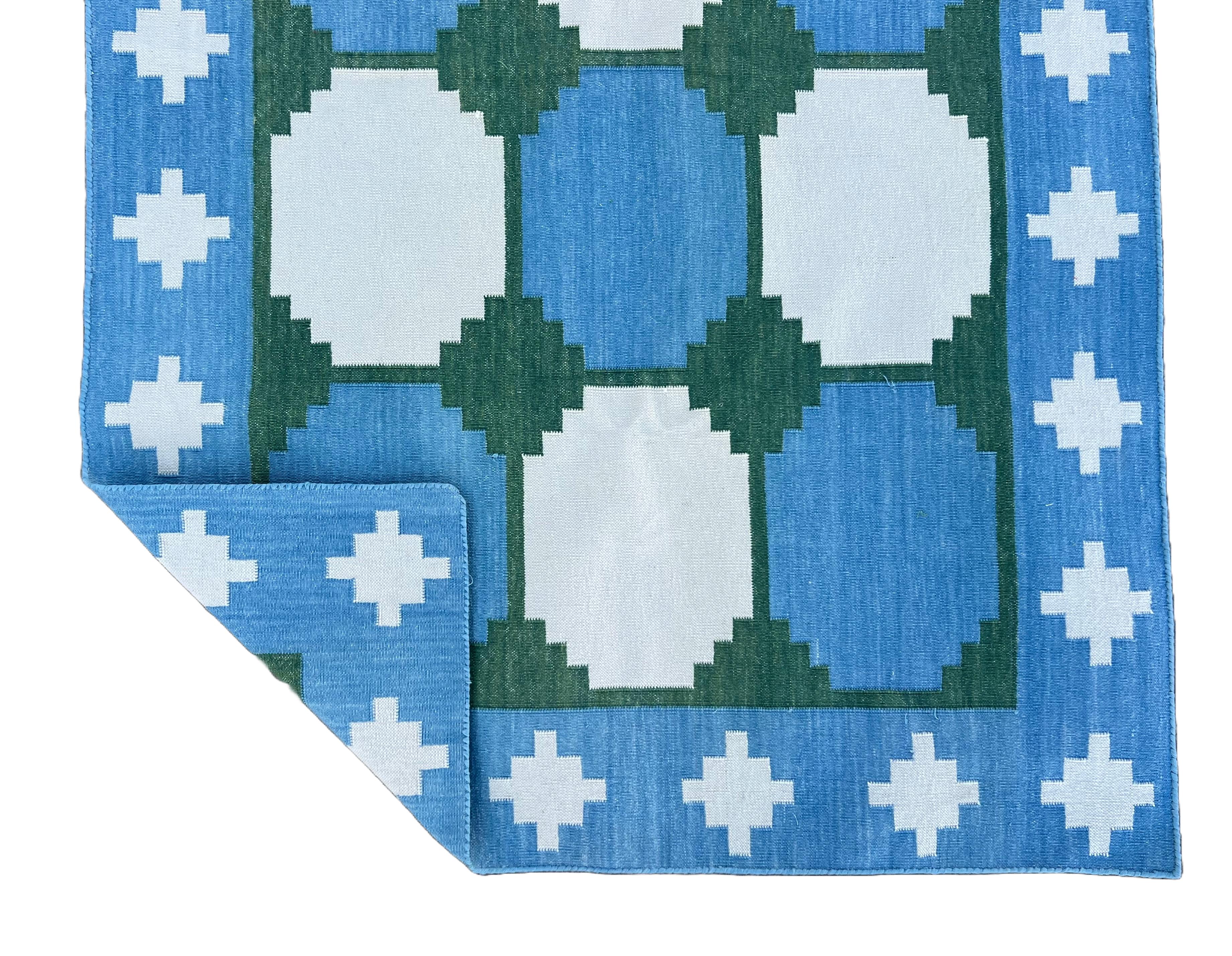 Handmade Cotton Area Flat Weave Runner, 3x10 Blue And Green Tile Indian Dhurrie For Sale 2